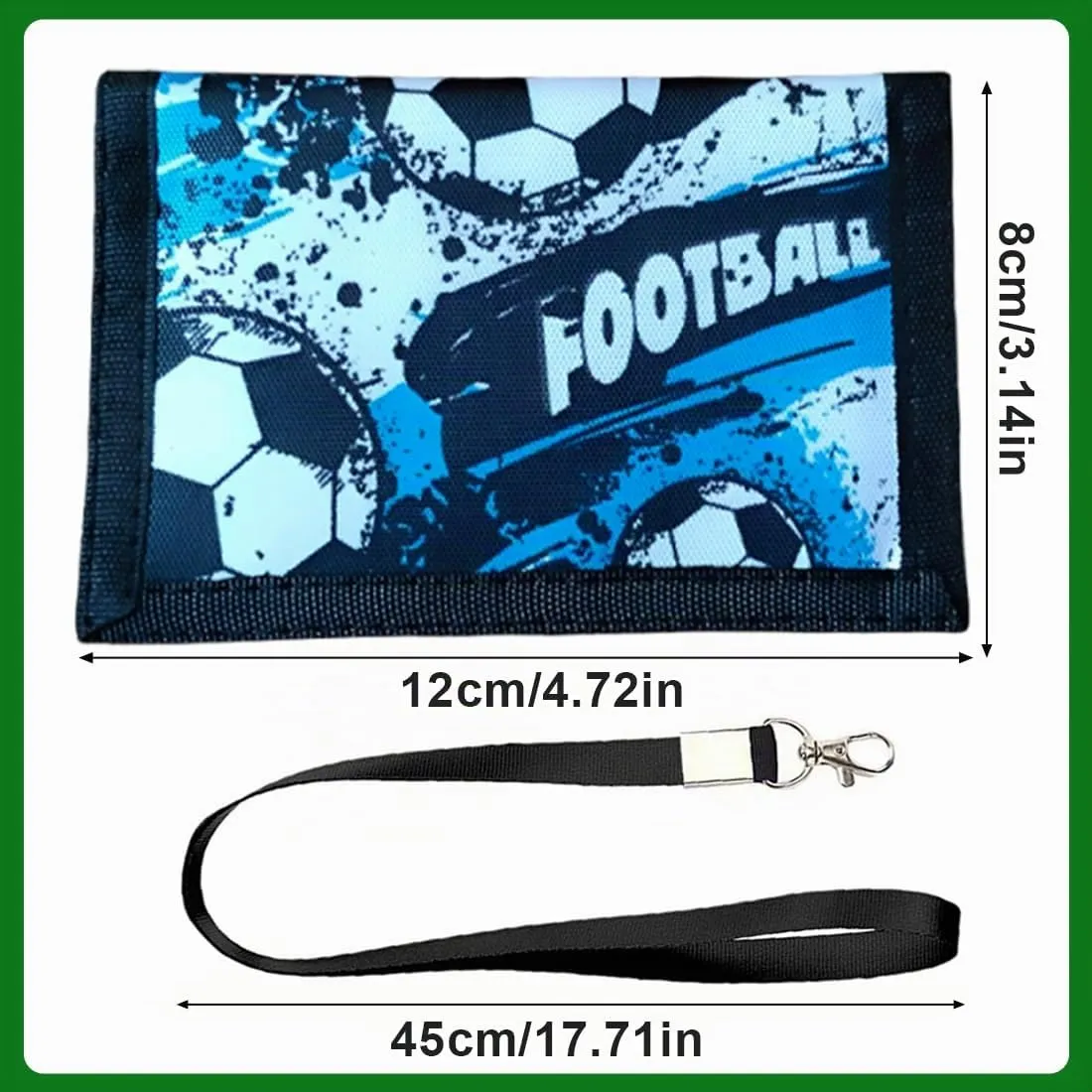 SIRLOMU 1 Pezzi blu Portafoglio triplo pieghevole con portachiavi, da indossare al collo, idea regalo per la scuola, bambini con design di calcio, materiale robusto, facile da trasportare - immagine 2