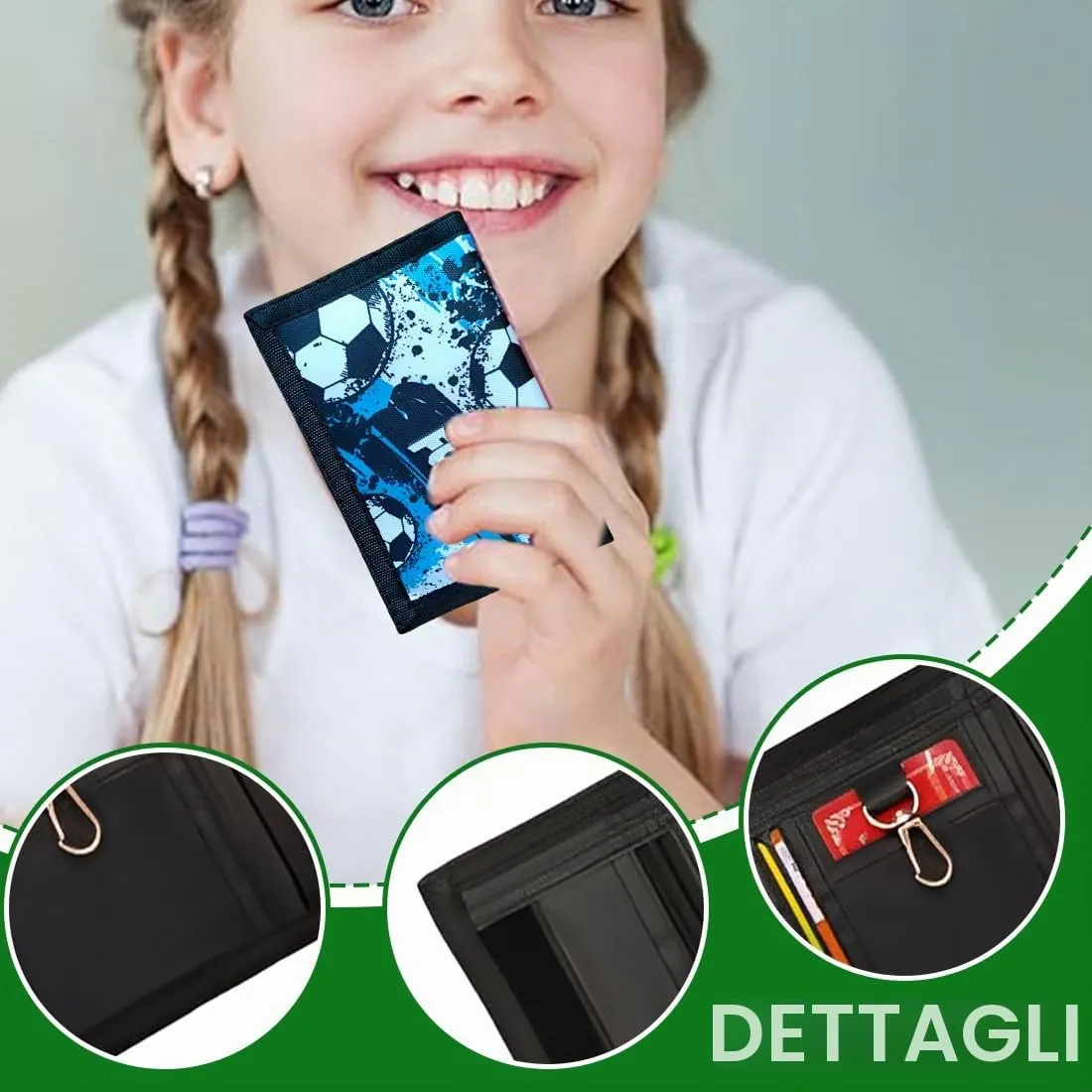 SIRLOMU 1 Pezzi blu Portafoglio triplo pieghevole con portachiavi, da indossare al collo, idea regalo per la scuola, bambini con design di calcio, materiale robusto, facile da trasportare - immagine 3