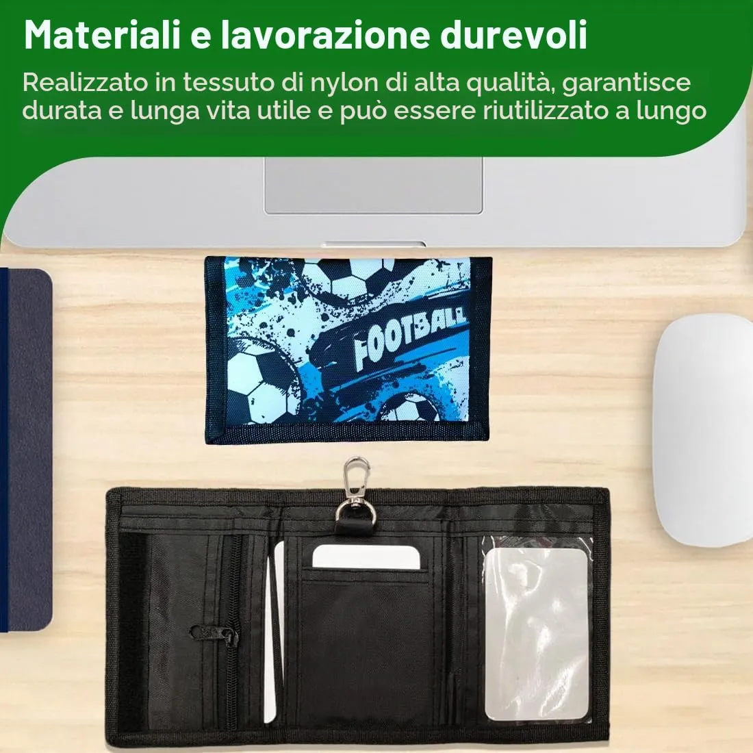 SIRLOMU 1 Pezzi blu Portafoglio triplo pieghevole con portachiavi, da indossare al collo, idea regalo per la scuola, bambini con design di calcio, materiale robusto, facile da trasportare - immagine 4