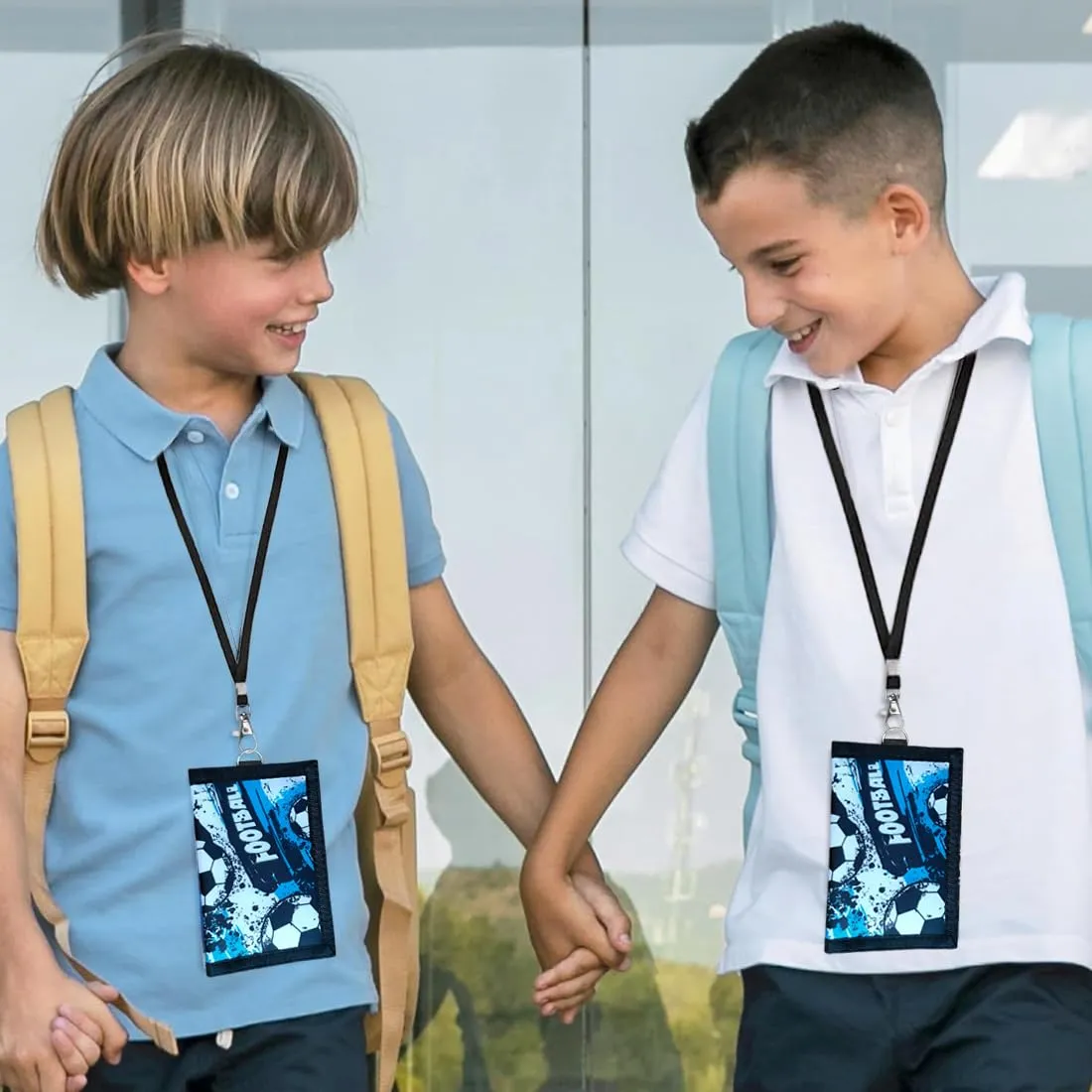 SIRLOMU 1 Pezzi blu Portafoglio triplo pieghevole con portachiavi, da indossare al collo, idea regalo per la scuola, bambini con design di calcio, materiale robusto, facile da trasportare - immagine 6