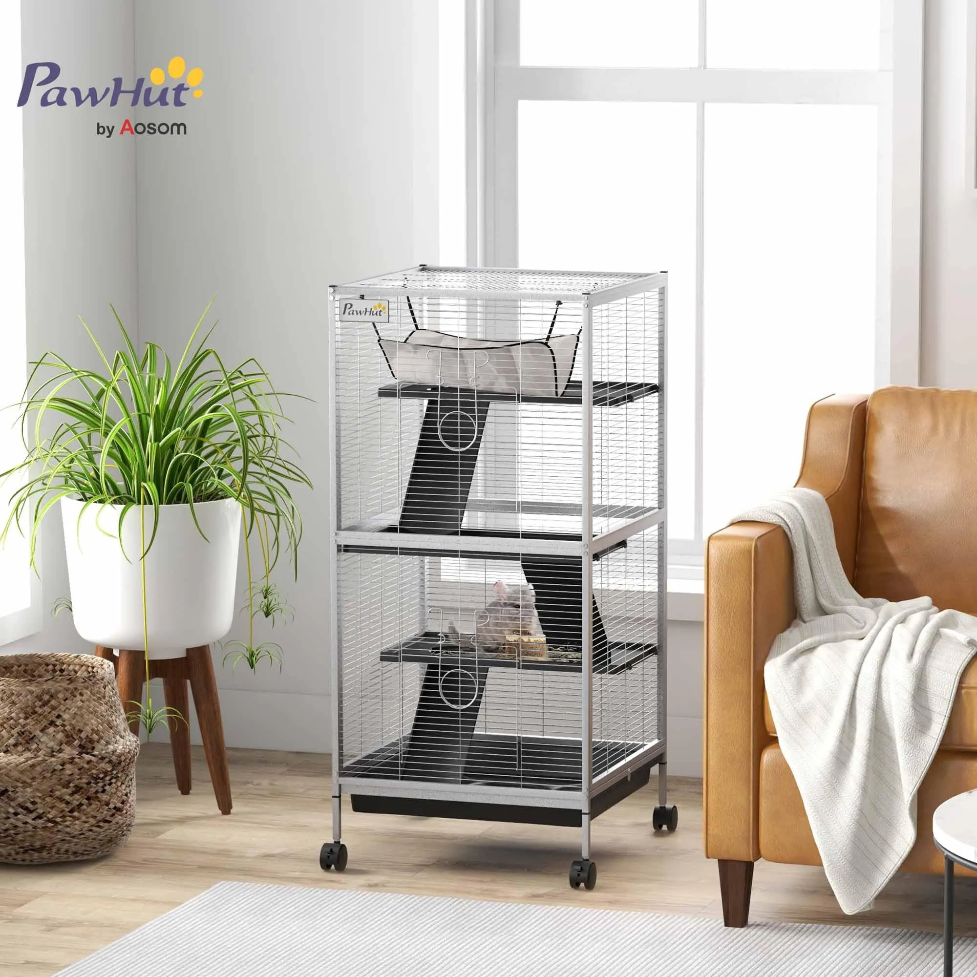 PawHut Gabbia per Piccoli Roditori in Acciaio 52x52x113.5cm Grigio Chiaro - immagine 2