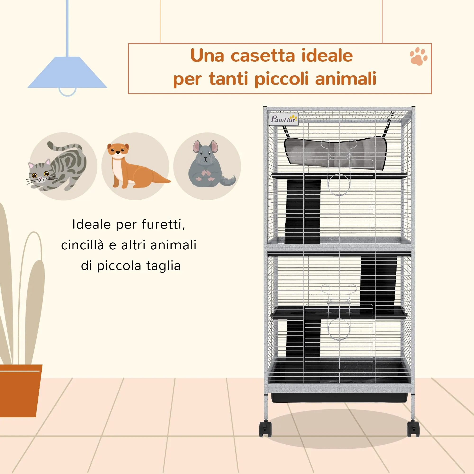 PawHut Gabbia per Piccoli Roditori in Acciaio 52x52x113.5cm Grigio Chiaro - immagine 3