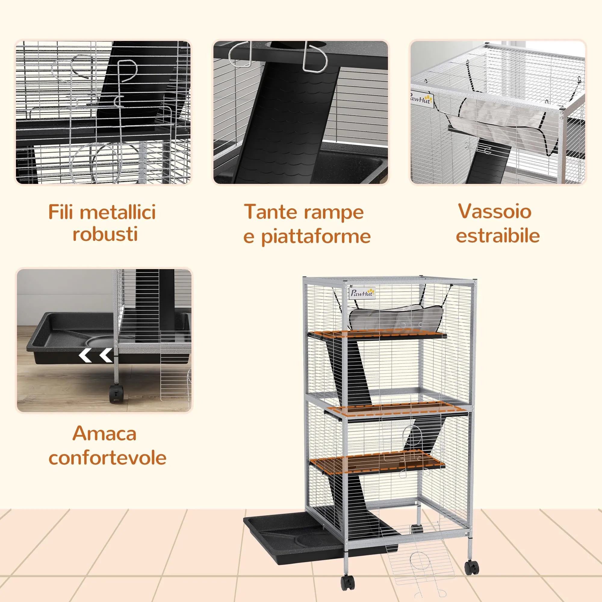 PawHut Gabbia per Piccoli Roditori in Acciaio 52x52x113.5cm Grigio Chiaro - immagine 5