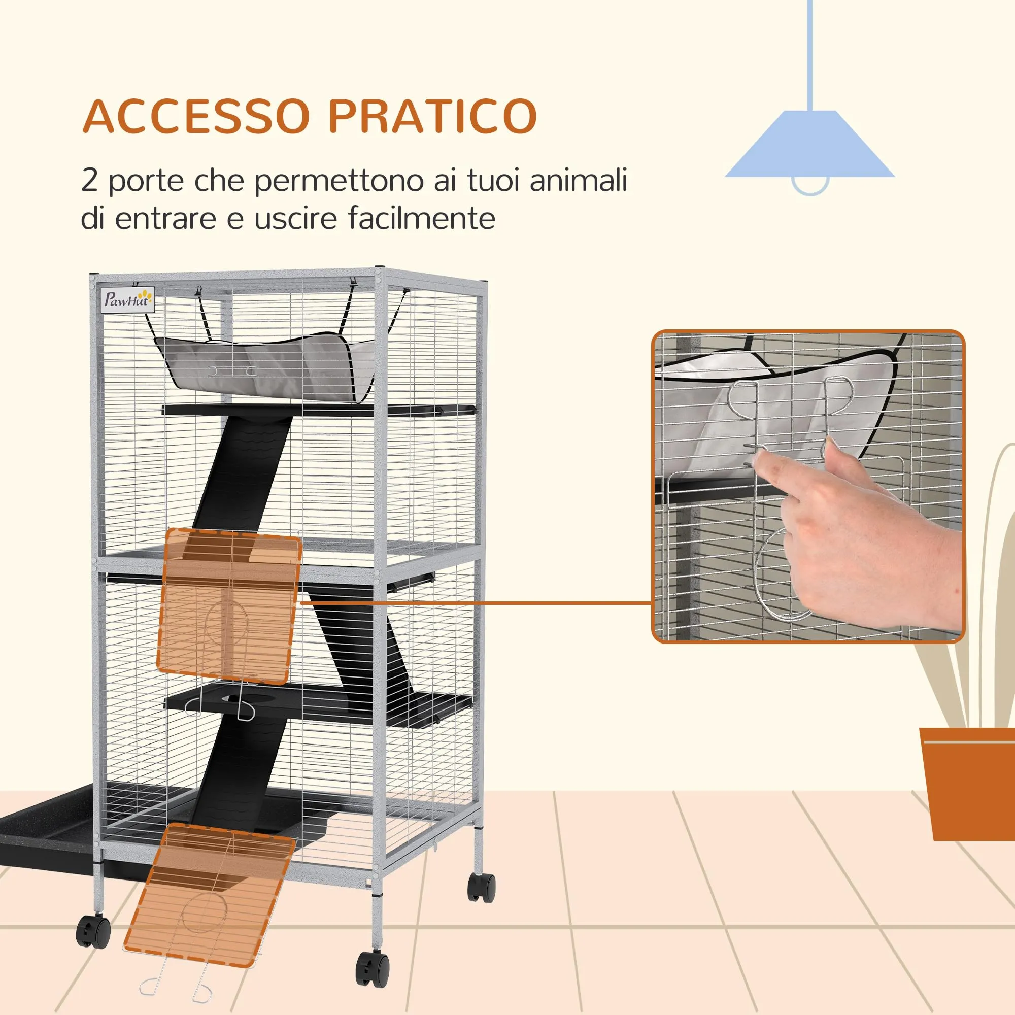 PawHut Gabbia per Piccoli Roditori in Acciaio 52x52x113.5cm Grigio Chiaro - immagine 6