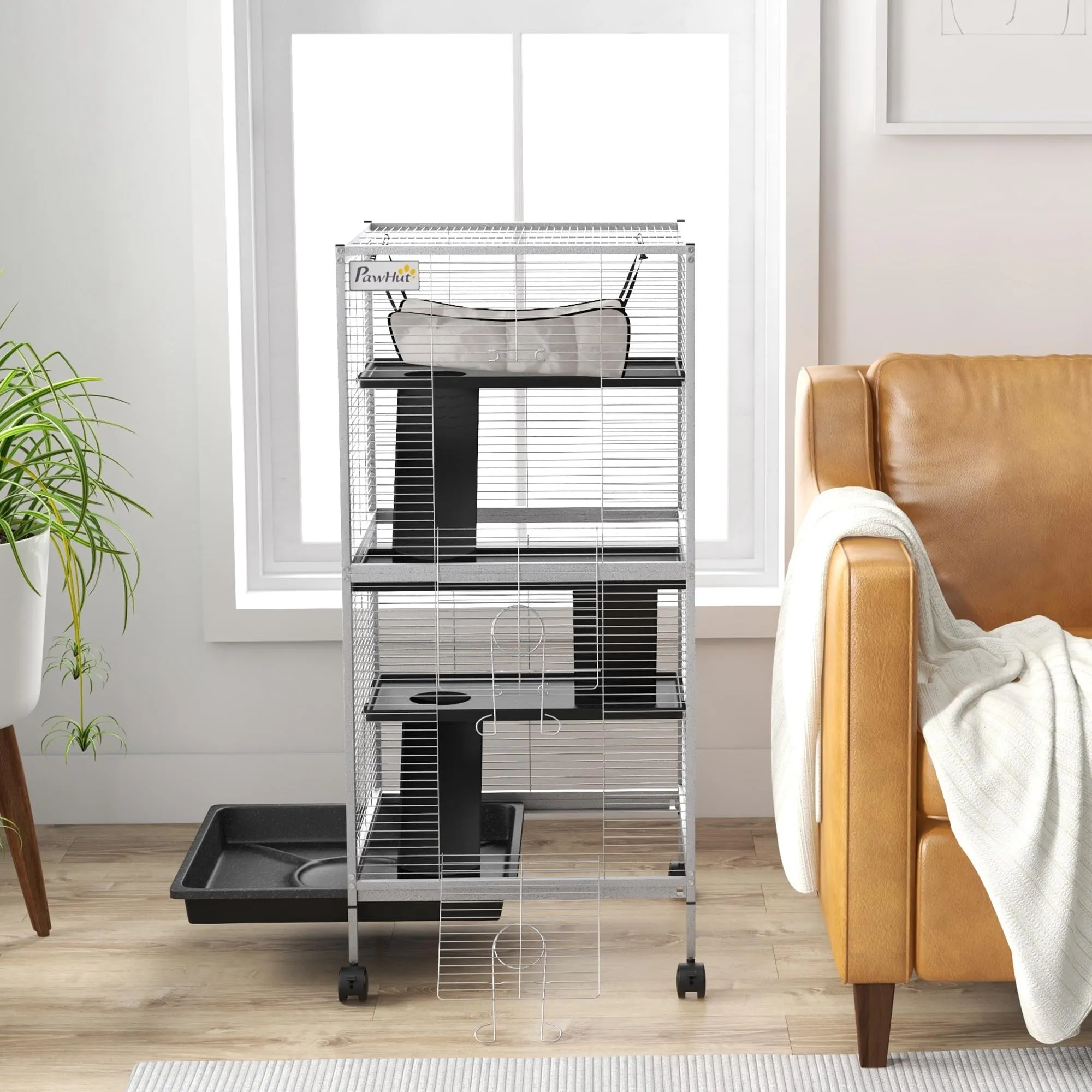PawHut Gabbia per Piccoli Roditori in Acciaio 52x52x113.5cm Grigio Chiaro - immagine 9