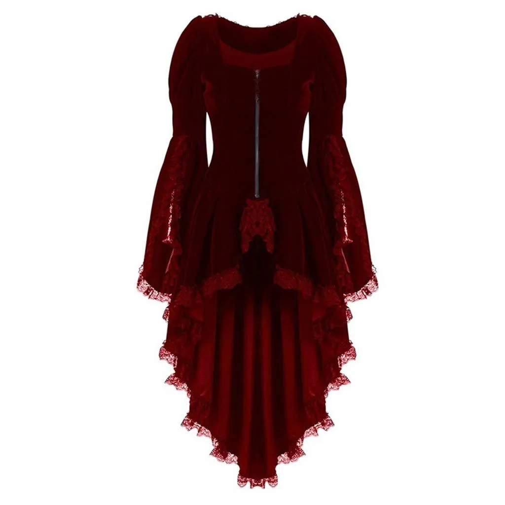 2025 Cappotto Steampunk Donna Manica svasata- Cappotto Gotico Coda Di Pie Chic Vintage Tinta Unita Medievale Corte Giacche Slim Rinascimento Vittoriano Patchwork Giacca Per Halloween Carnevale, rosso - immagine 1