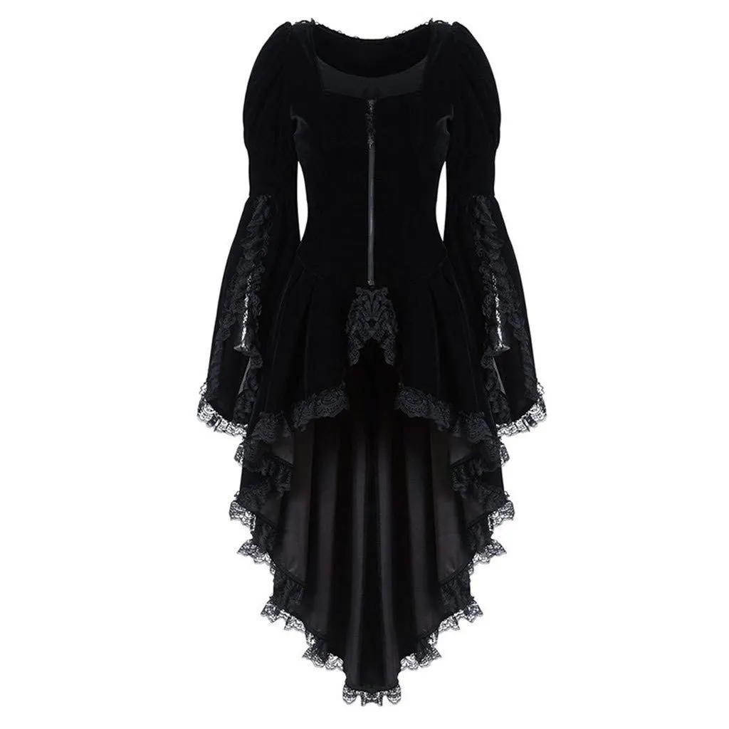 2025 Cappotto Steampunk Donna Manica svasata- Cappotto Gotico Coda Di Pie Chic Vintage Tinta Unita Medievale Corte Giacche Slim Rinascimento Vittoriano Patchwork Giacca Per Halloween Carnevale, Nero - immagine 1