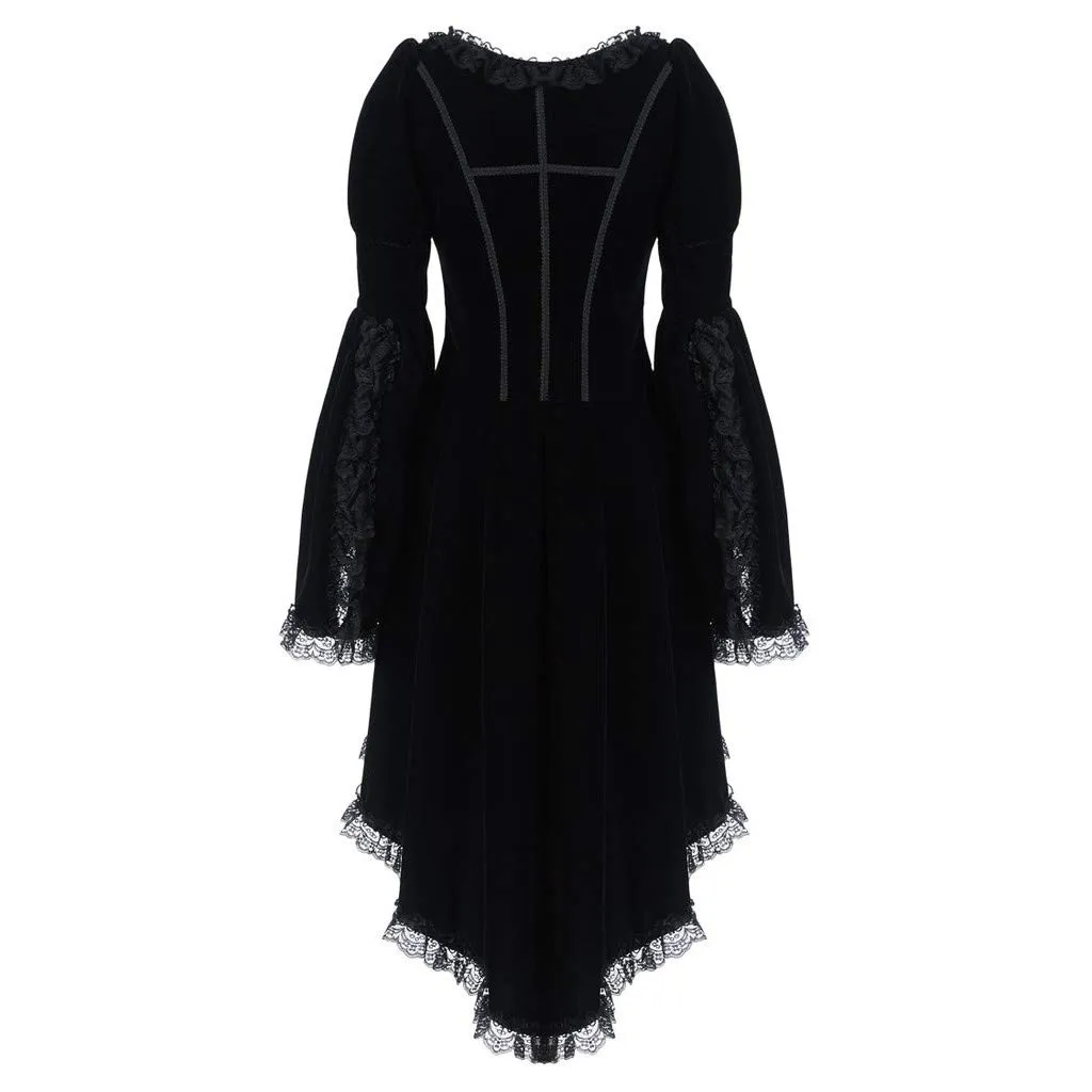 2025 Cappotto Steampunk Donna Manica svasata- Cappotto Gotico Coda Di Pie Chic Vintage Tinta Unita Medievale Corte Giacche Slim Rinascimento Vittoriano Patchwork Giacca Per Halloween Carnevale, Nero - immagine 6