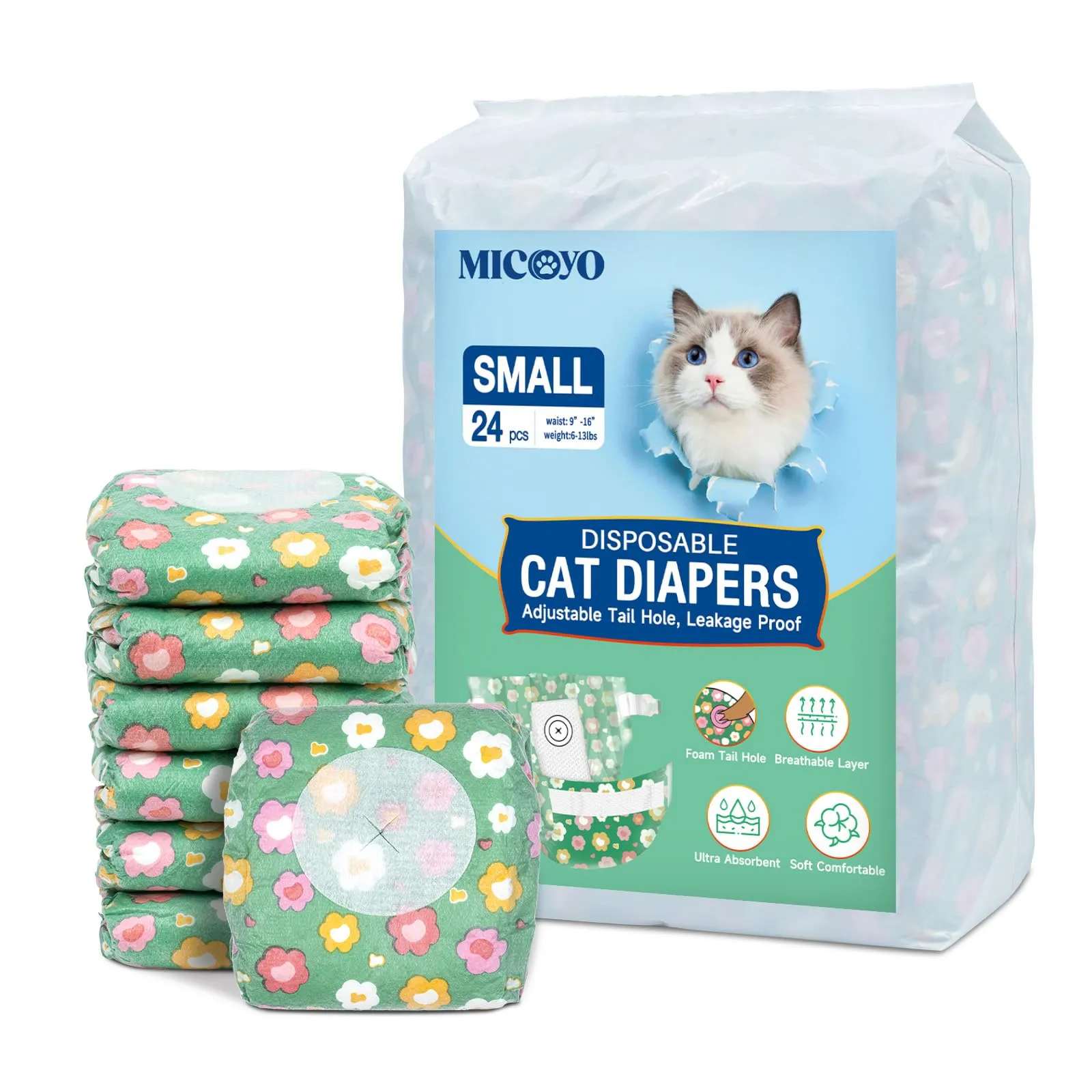 MICOOYO Pannolini usa e getta per gatti femminili super assorbenti per cuccioli di gatto e cane, pannolini igienici per donne in calore e incontinenza (Fiori verdi,S, 24) - immagine 1