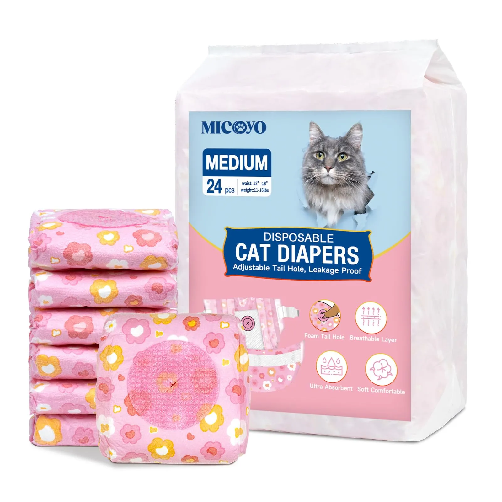 MICOOYO Pannolini usa e getta per gatti femminili super assorbenti per cuccioli di gatto e cane, pannolini igienici per donne in calore e incontinenza (fiore rosa,M, 24) - immagine 1