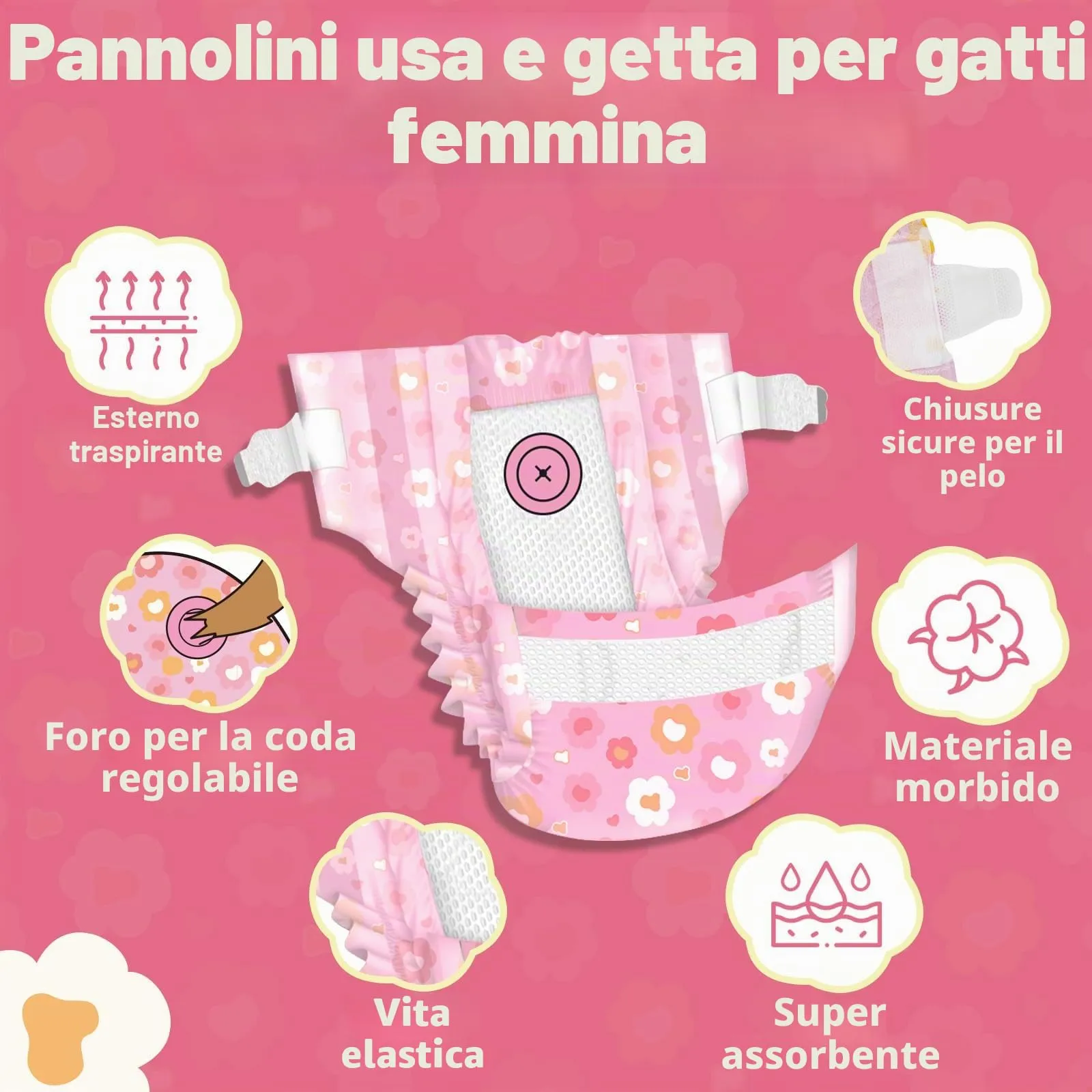 MICOOYO Pannolini usa e getta per gatti femminili super assorbenti per cuccioli di gatto e cane, pannolini igienici per donne in calore e incontinenza (fiore rosa,M, 24) - immagine 2