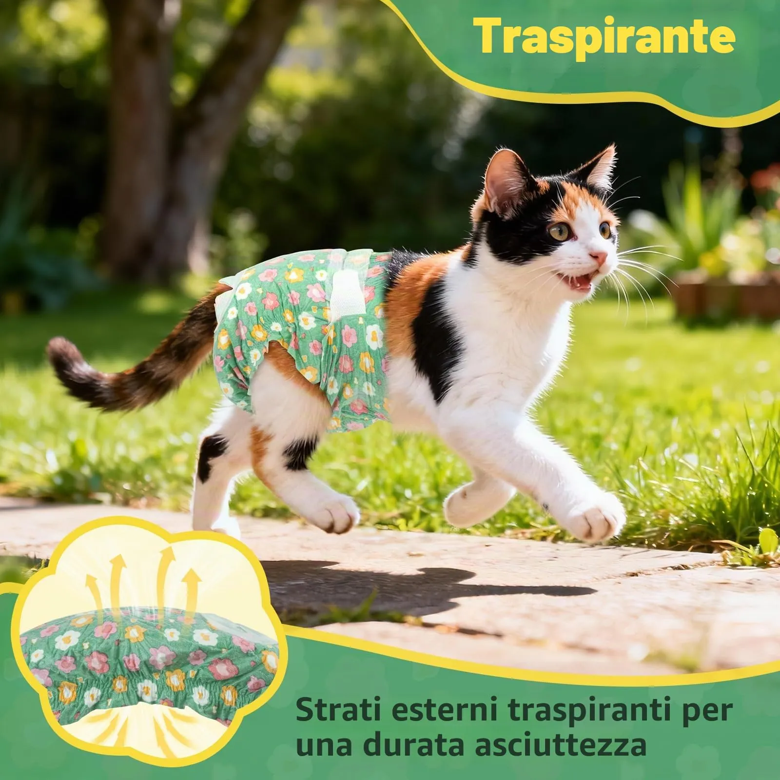 MICOOYO Pannolini usa e getta per gatti femminili super assorbenti per cuccioli di gatto e cane, pannolini igienici per donne in calore e incontinenza (Fiori verdi,XS, 24) - immagine 6