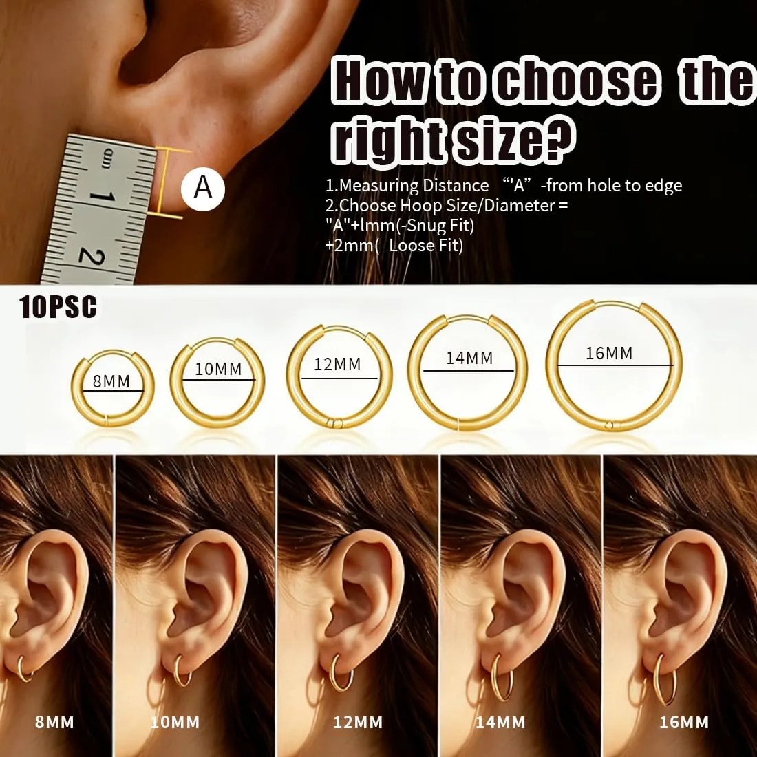 JEYORZY 5 paia Orecchini Acciaio Inossidabile di Orecchini Cerchio Piccoli per Uomini e Donne Ipoallergenici Set, leggeri, cartilagine, Orecchini Uomo Cerchio 8-16mm (Oro) - immagine 2