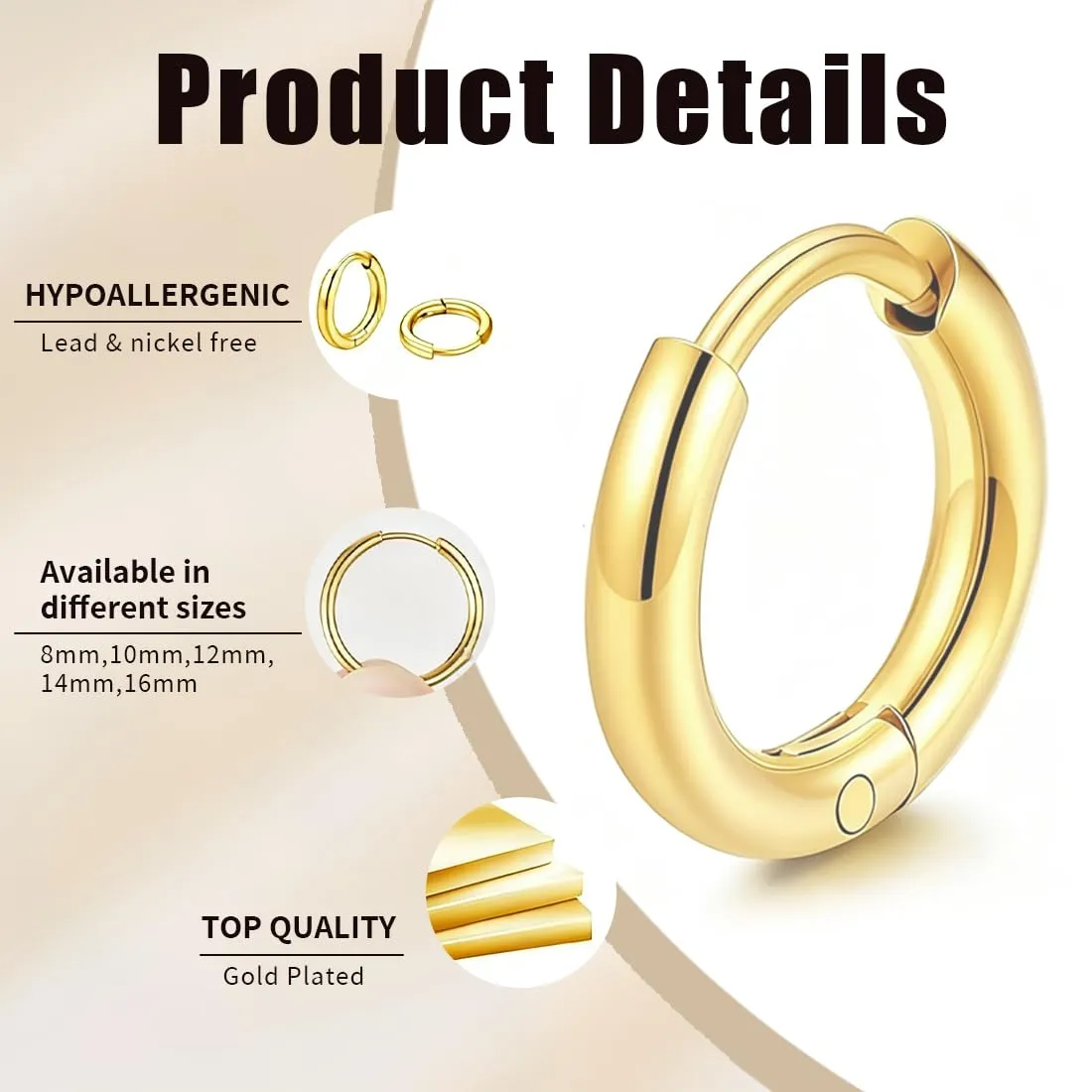 JEYORZY 5 paia Orecchini Acciaio Inossidabile di Orecchini Cerchio Piccoli per Uomini e Donne Ipoallergenici Set, leggeri, cartilagine, Orecchini Uomo Cerchio 8-16mm (Oro) - immagine 3