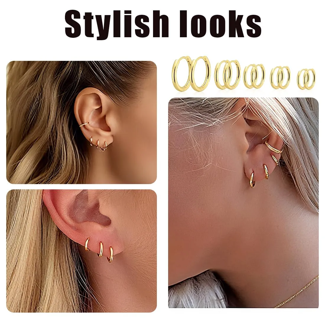 JEYORZY 5 paia Orecchini Acciaio Inossidabile di Orecchini Cerchio Piccoli per Uomini e Donne Ipoallergenici Set, leggeri, cartilagine, Orecchini Uomo Cerchio 8-16mm (Oro) - immagine 6