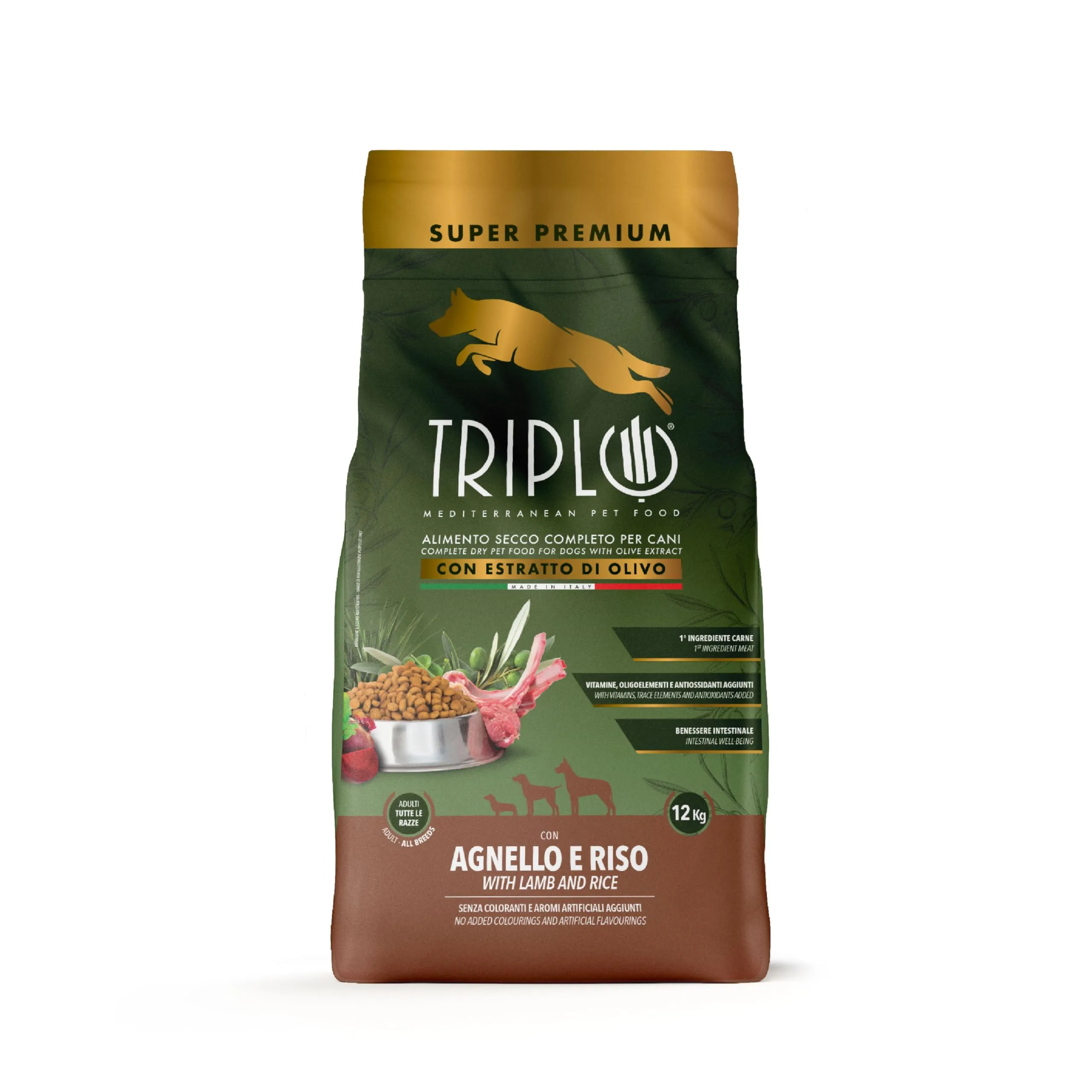 TerComposti - Triplo Pet Food Agnello e Riso 12kg, Ideale per Adulti di Tutte le Razze, Pelo Lucido e Folto, Crocchette Cani con Estratto di Olivo, Cibo per Cani Secco Nutriente e Bilanciato - immagine 1