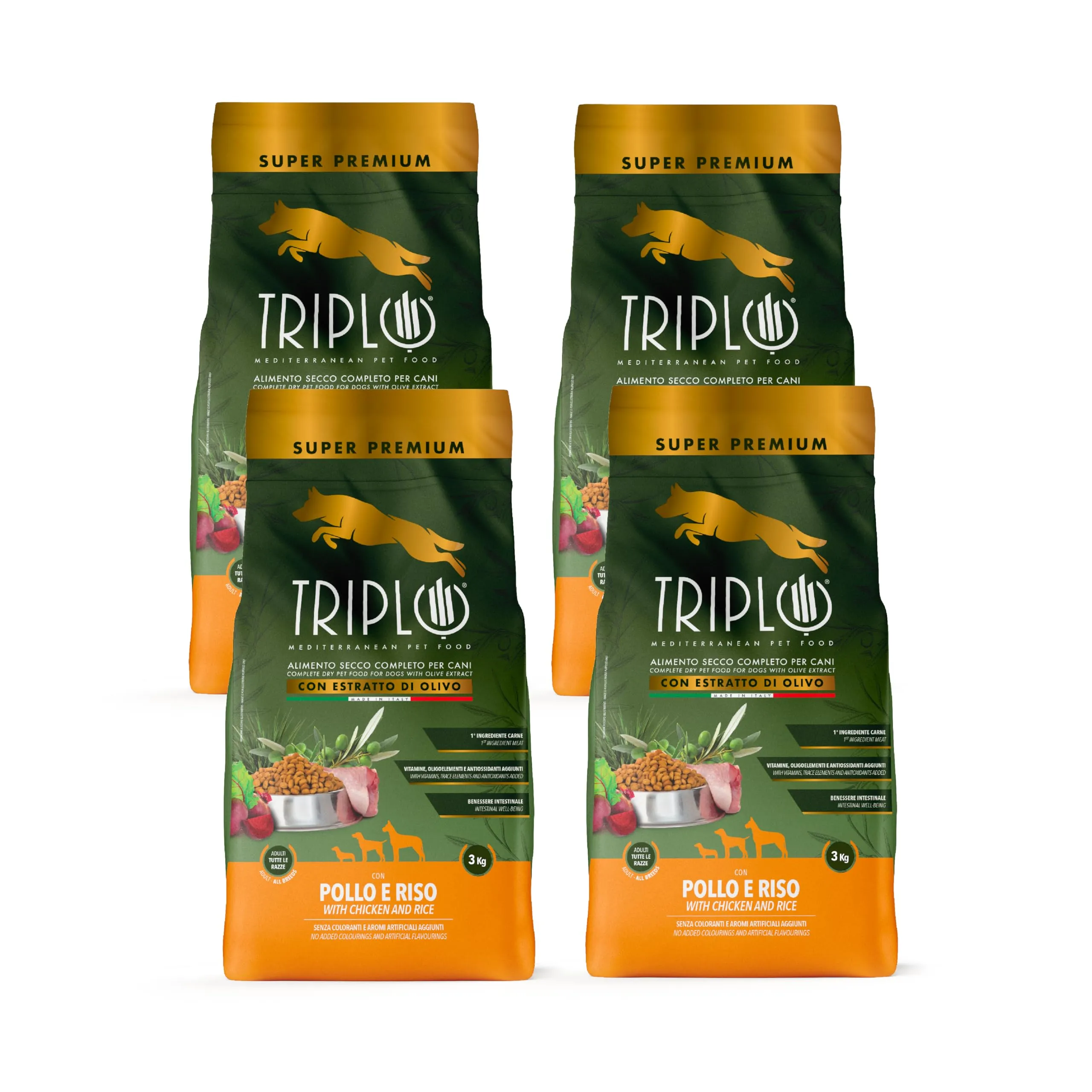 TerComposti - Triplo Pet Food Pollo e Riso 3kg x4, Ideale per Adulti di Tutte le Razze, Pelo Lucido e Folto, Crocchette Cani con Estratto di Olivo, Cibo per Cani Secco Nutriente e Bilanciato - immagine 1