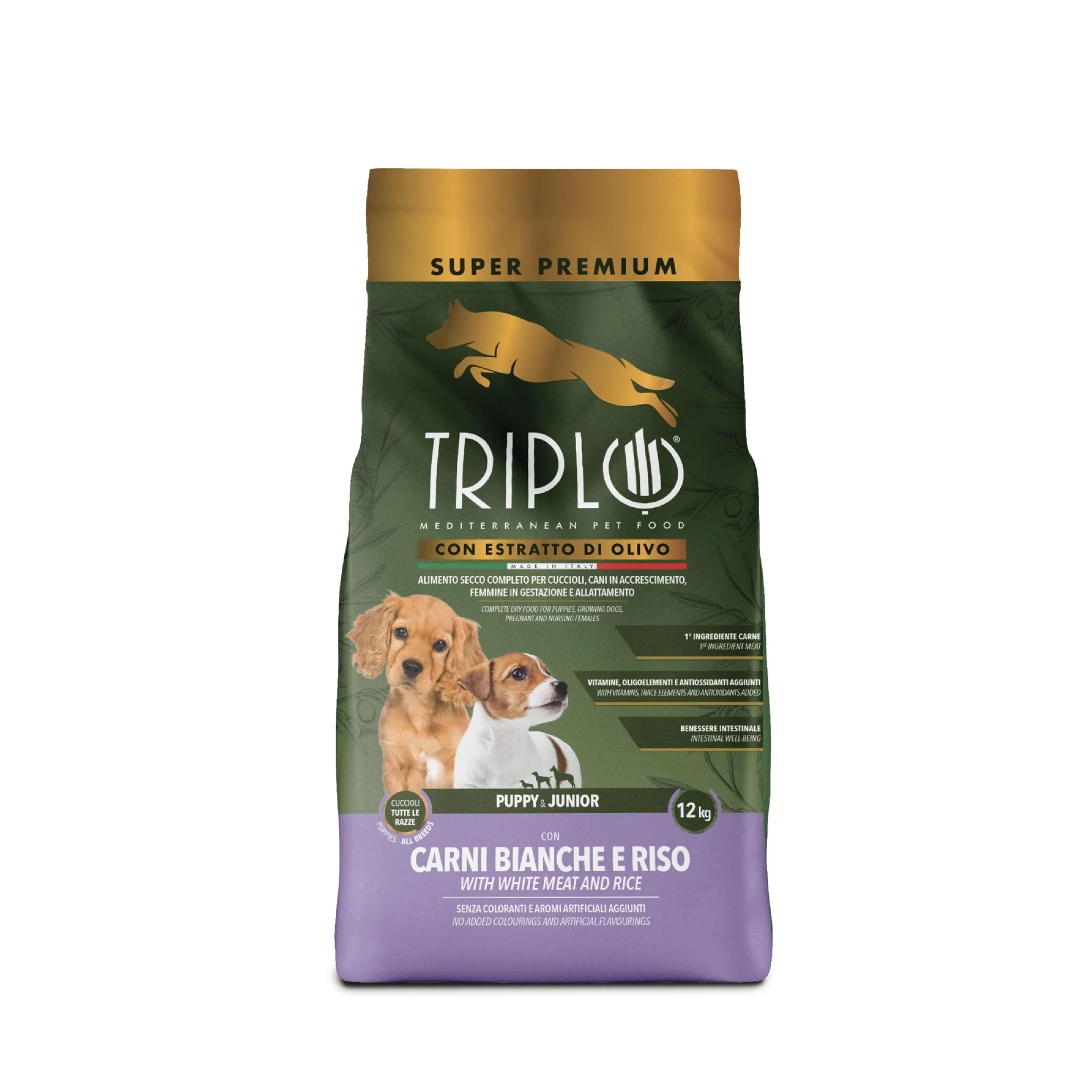 TerComposti - Triplo Pet Food Puppy & Junior 12kg, Ideale per Cuccioli e Femmine in Gestazione, Crocchette Cani con Carni Bianche e Riso, Estratto di Olivo, Secco Nutriente e Bilanciato - immagine 1