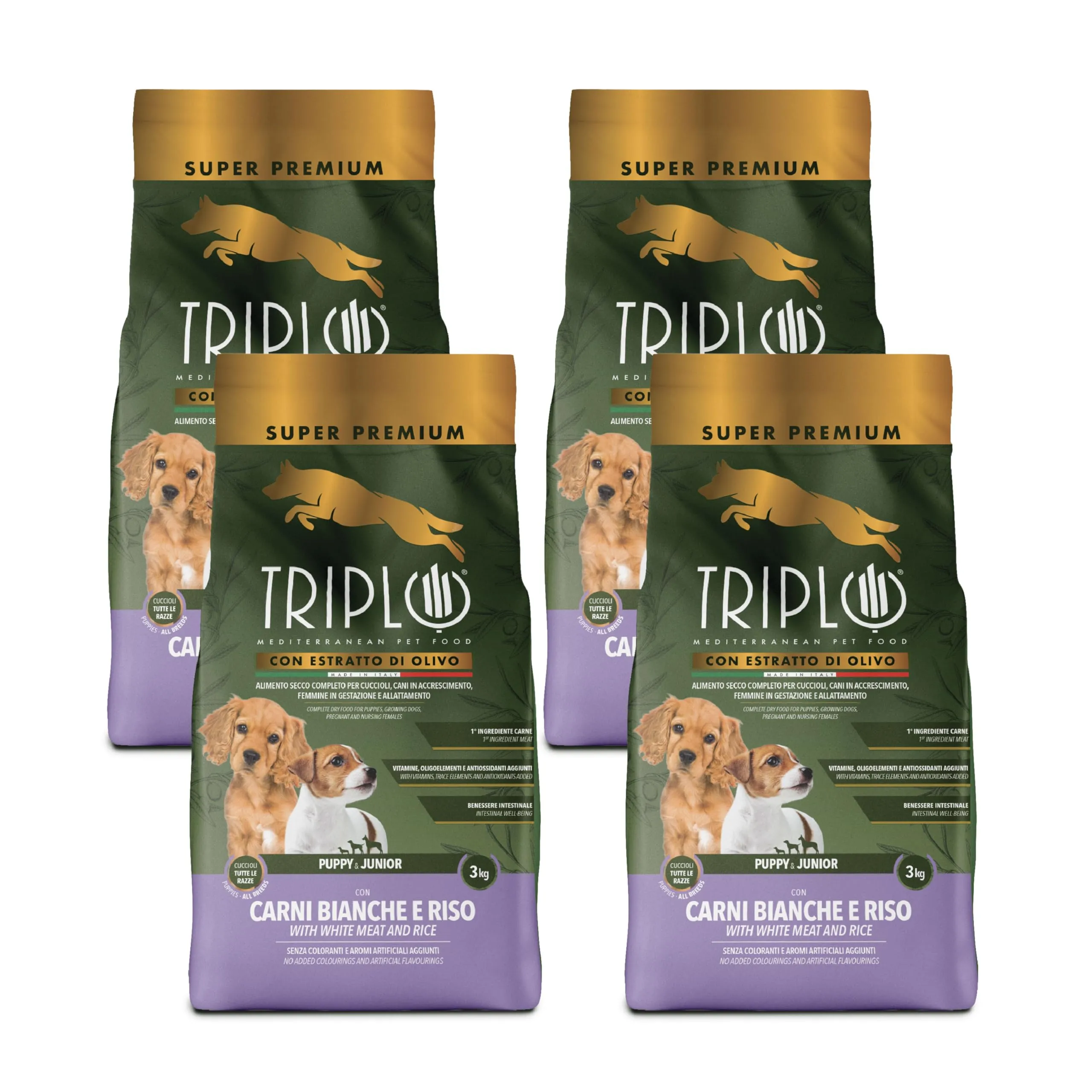 TerComposti - Triplo Pet Food Puppy & Junior Carni Bianche e Riso 3kg x4, Ideale per Crescita Sana, Pelo Lucido e Folto, Crocchette Cani Cuccioli con Estratto di Olivo, Secco Nutriente e Bilanciato - immagine 1