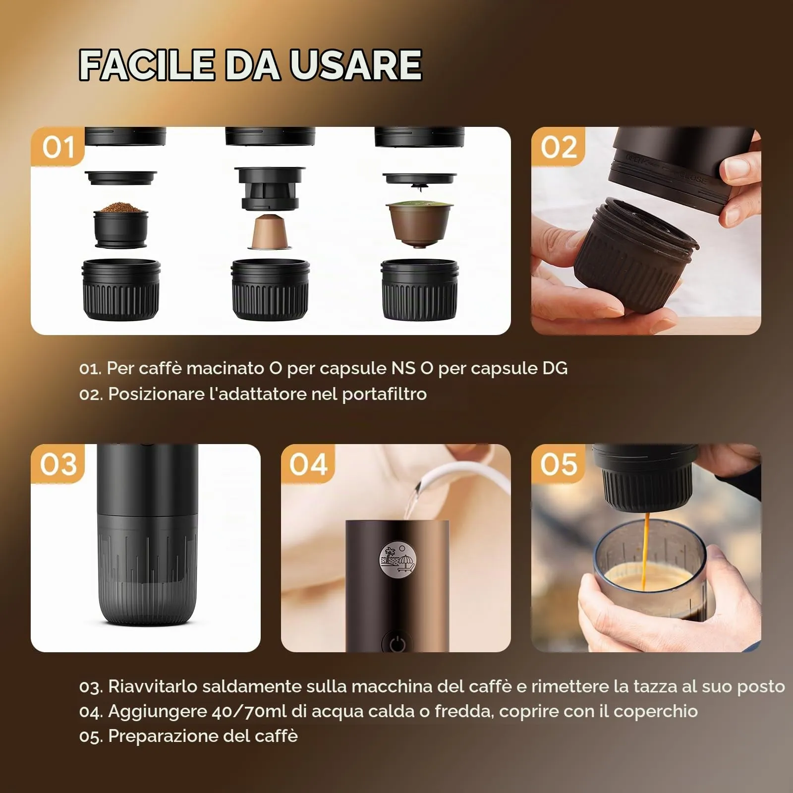 RECAFIMIL Macchina Espresso Portatile Elettrica Autoriscaldante,Nero - immagine 5