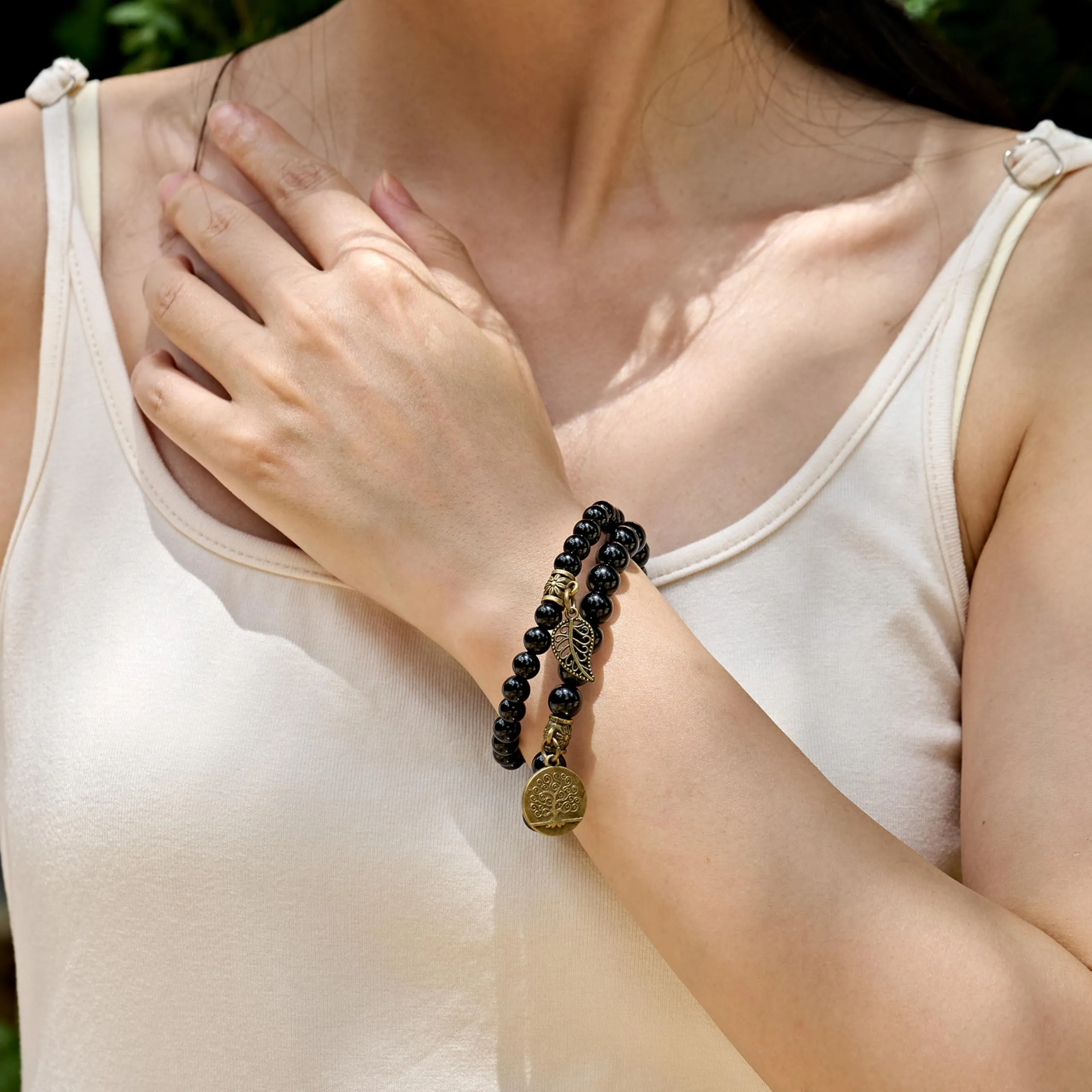 Farfume Bracciali Chakra per le donne - Cristalli Bracciale Donne Pietre Naturali Yoga Reiki- Un set di bracciali doppi (Obsidio Nero(Radicamento) Medio) - immagine 3