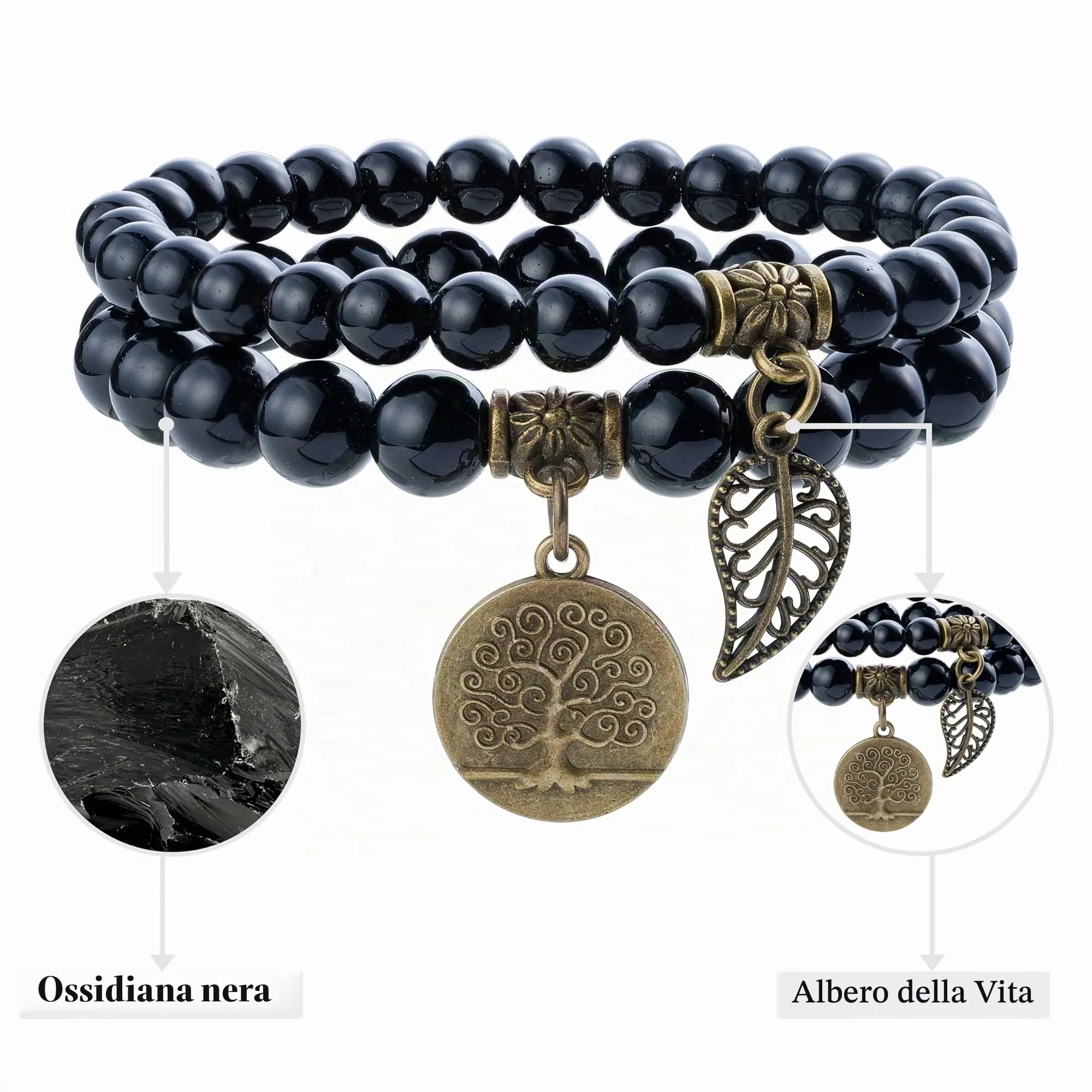 Farfume Bracciali Chakra per le donne - Cristalli Bracciale Donne Pietre Naturali Yoga Reiki- Un set di bracciali doppi (Obsidio Nero(Radicamento) Medio) - immagine 4