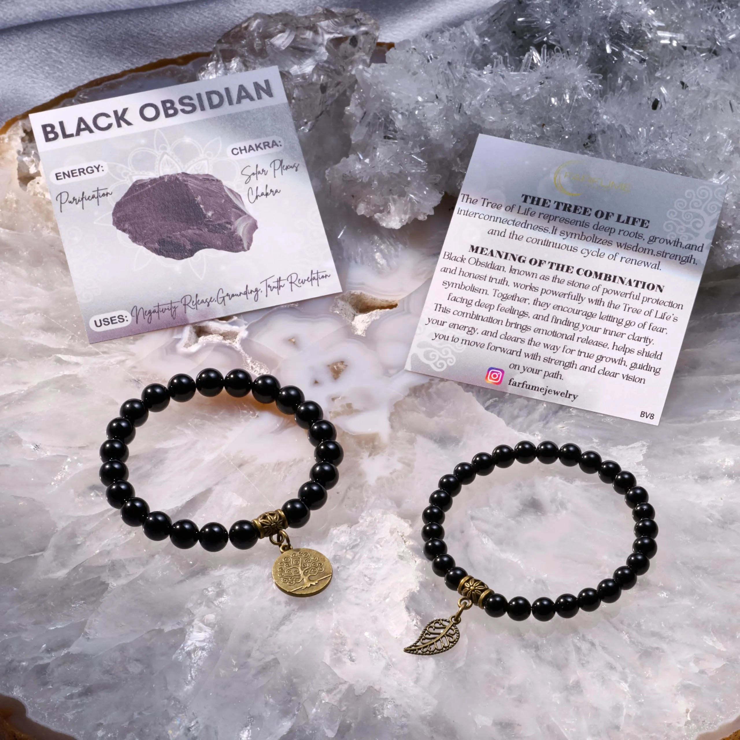 Farfume Bracciali Chakra per le donne - Cristalli Bracciale Donne Pietre Naturali Yoga Reiki- Un set di bracciali doppi (Obsidio Nero(Radicamento) Medio) - immagine 6