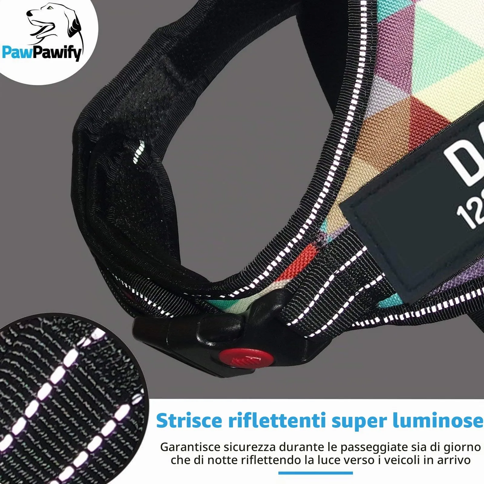 PawPawify, Pettorina antitiro per cani robusta, per evitare strattoni, tirate o soffocamento, per addestramento e passeggiate, personalizzabile con nome e telefono, M, petto 61-78,7 cm, multicolore - immagine 4