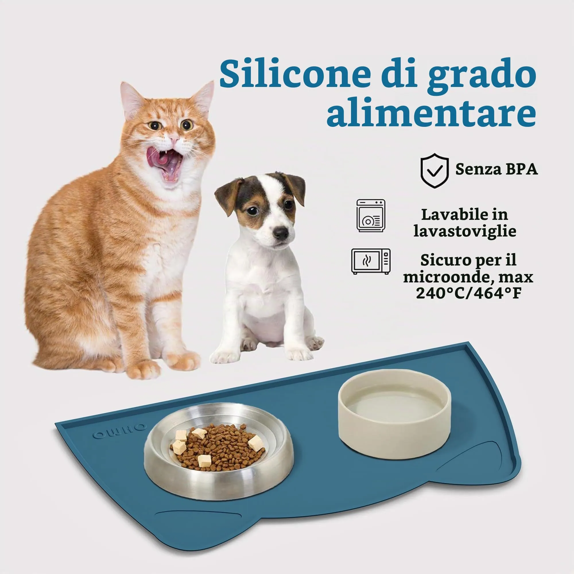 OHMO Piccole Tappetino Ciotola per Cani e Gatti in Silicone, Impermeabile Antiscivolo a Prova di Fuoriuscita per Cibo e Acqua, Facile da Pulire, 46x25 cm, Verde Acqua - immagine 3