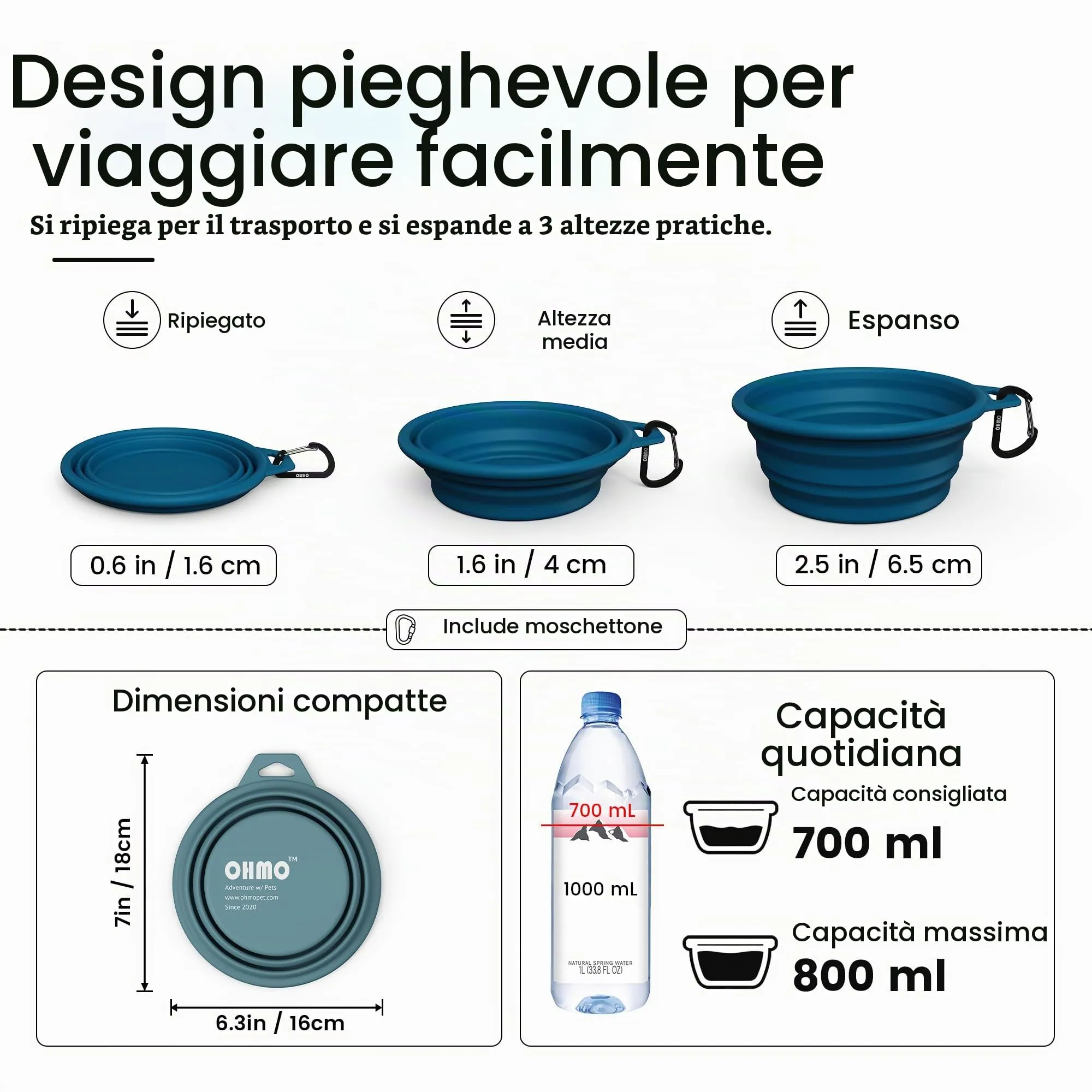 OHMO 1PZ Ciotola Pieghevole Cane,Ciotola per Cani Portatile, Ciotola da Viaggio per Acqua per Animali Domestici con Moschettone, Leggera, Sicura per Cibo - immagine 3