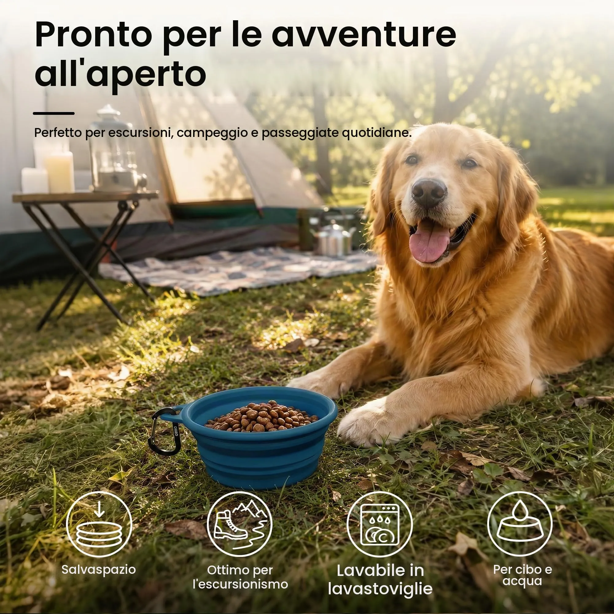 OHMO 1PZ Ciotola Pieghevole Cane,Ciotola per Cani Portatile, Ciotola da Viaggio per Acqua per Animali Domestici con Moschettone, Leggera, Sicura per Cibo - immagine 4