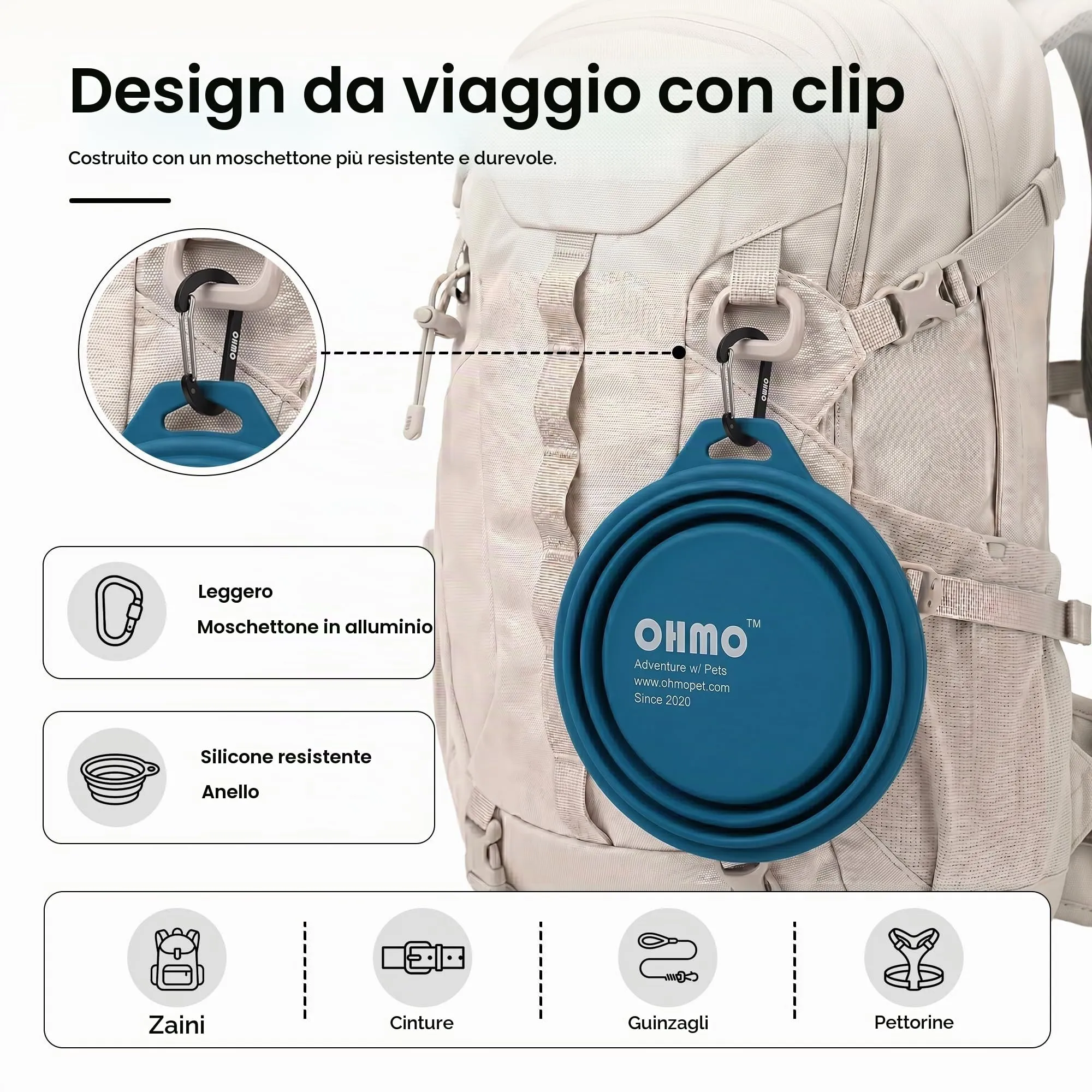 OHMO 1PZ Ciotola Pieghevole Cane,Ciotola per Cani Portatile, Ciotola da Viaggio per Acqua per Animali Domestici con Moschettone, Leggera, Sicura per Cibo - immagine 5