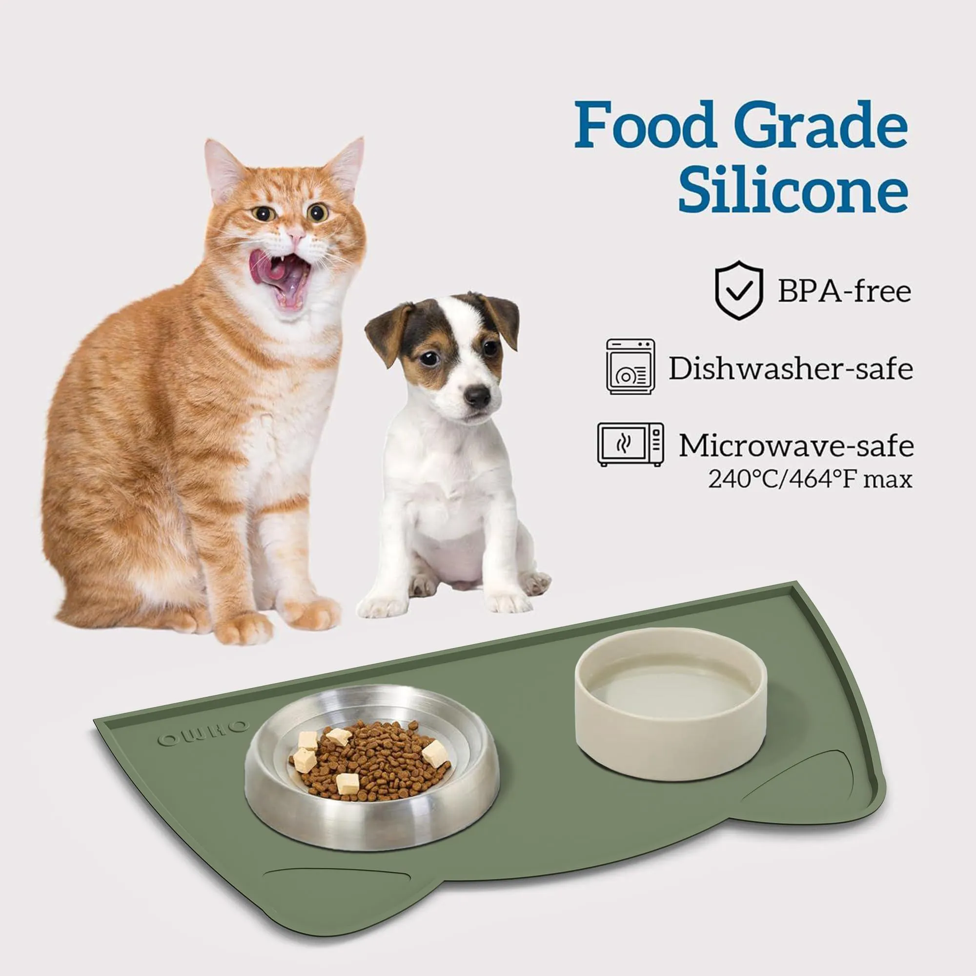 OHMO Piccole Tappetino Ciotola per Cani e Gatti in Silicone, Impermeabile Antiscivolo a Prova di Fuoriuscita per Cibo e Acqua, Facile da Pulire, 46x25 cm, Verde - immagine 3