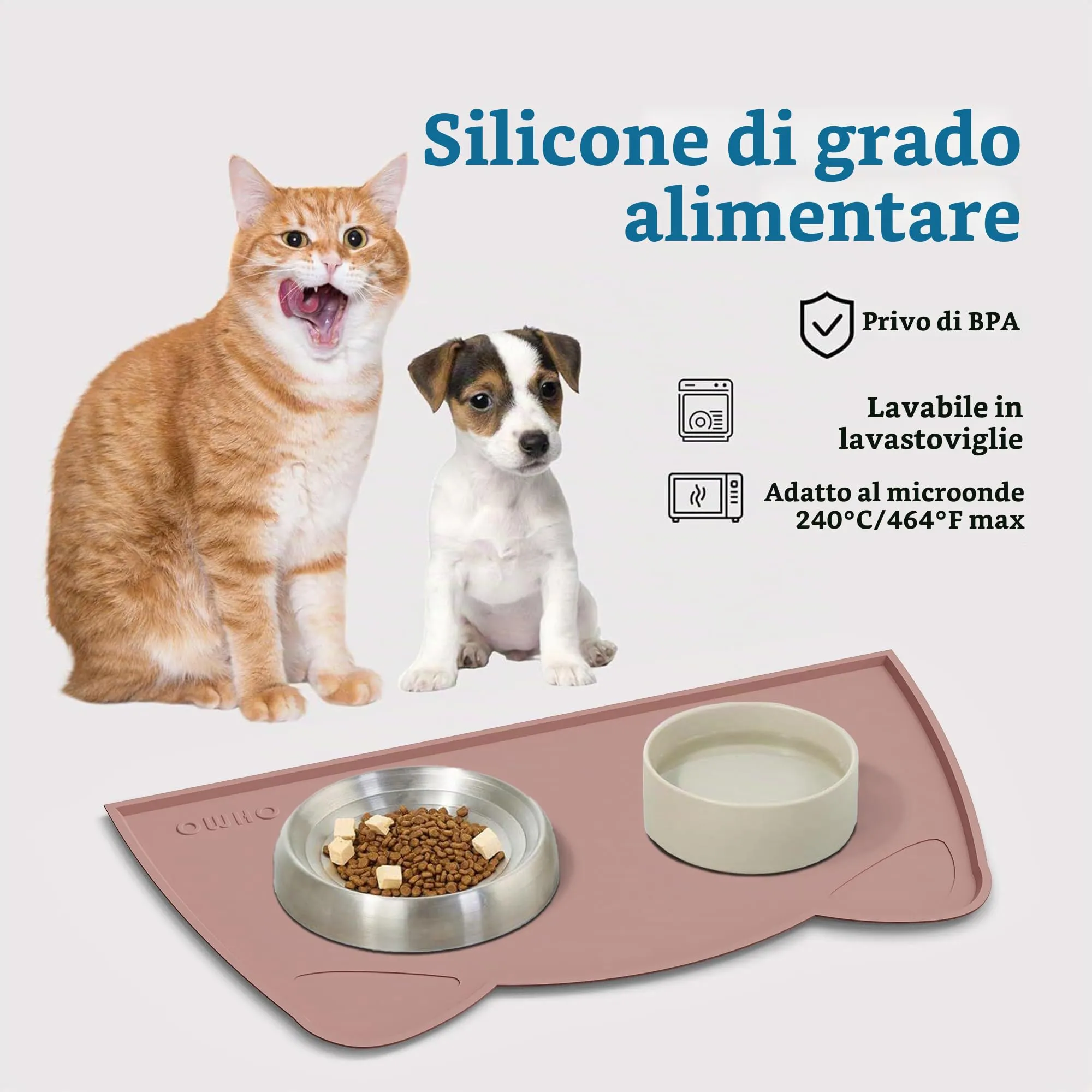 OHMO Piccole Tappetino Ciotola per Cani e Gatti in Silicone, Impermeabile Antiscivolo a Prova di Fuoriuscita per Cibo e Acqua, Facile da Pulire, 46x25cm, Rosa Corallo - immagine 3