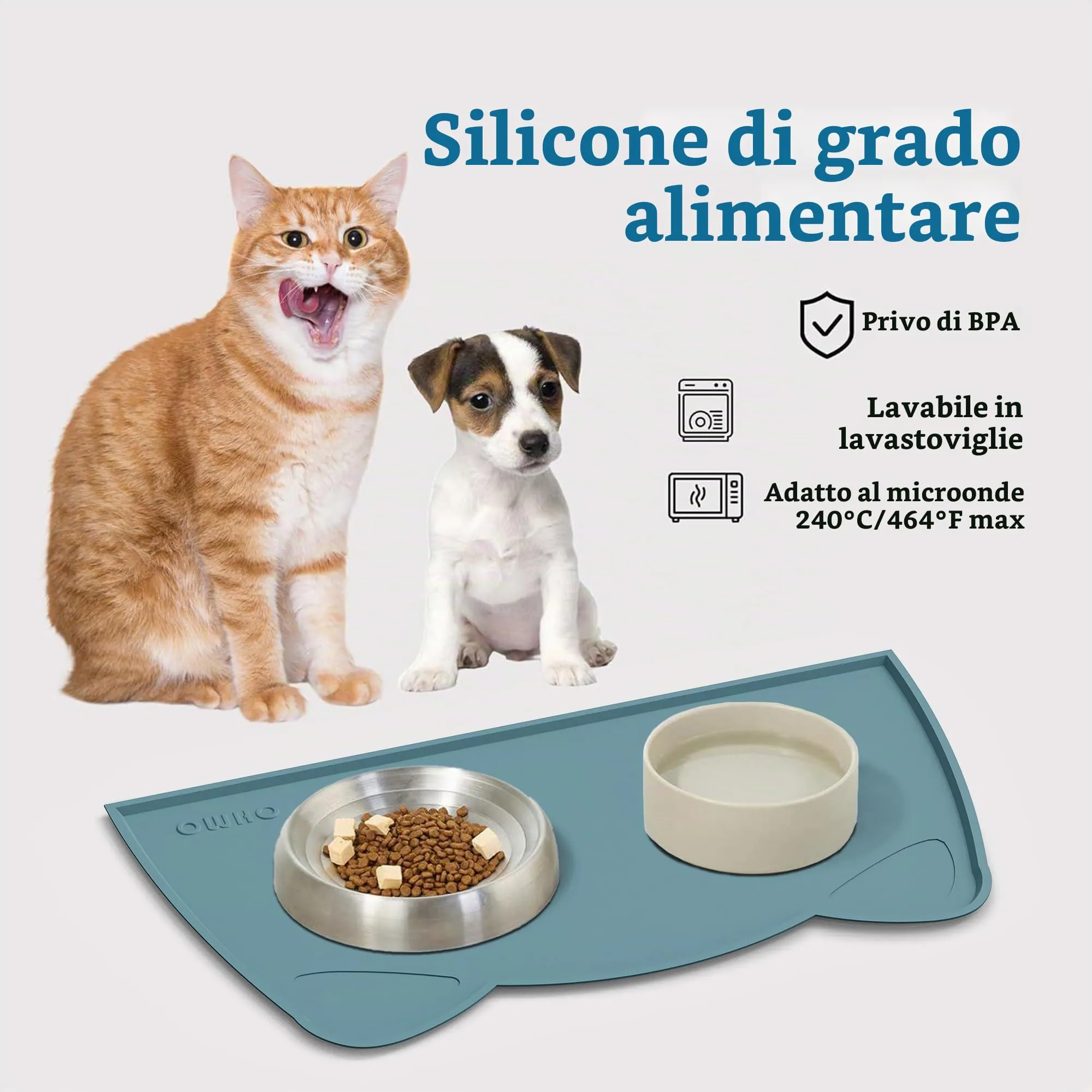 OHMO Tappetino Ciotola per Cani e Gatti in Silicone, Impermeabile Antiscivolo a Prova di Fuoriuscita per Cibo e Acqua, Facile da Pulire, 52x30cm, Azzurro - immagine 3