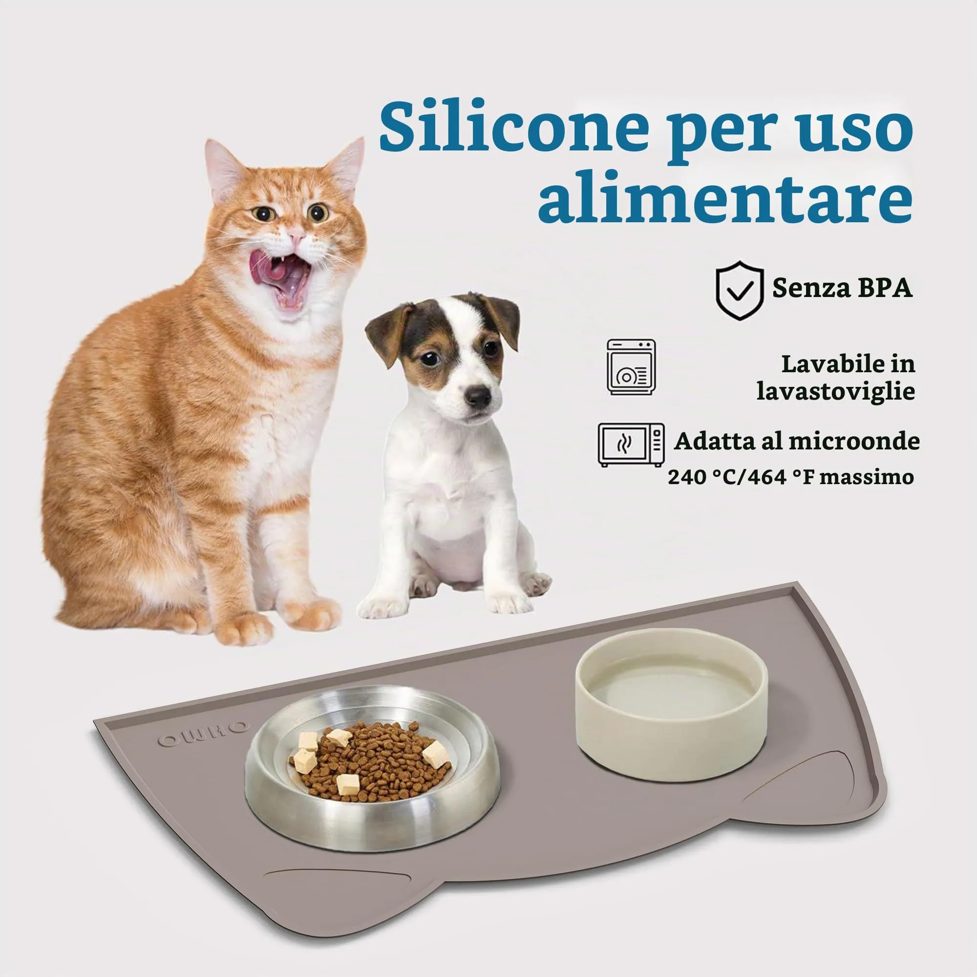 OHMO Tappetino Ciotola per Cani e Gatti in Silicone, Impermeabile Antiscivolo a Prova di Fuoriuscita per Cibo e Acqua, Facile da Pulire, 52x30cm, Beige - immagine 6