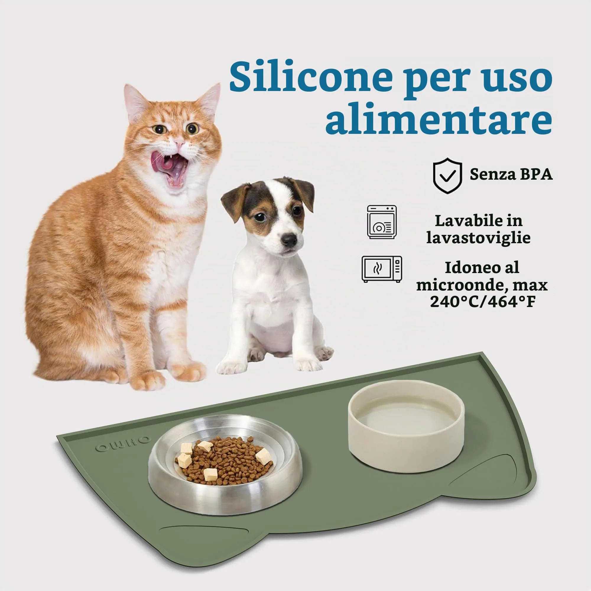 OHMO Tappetino Ciotola per Cani e Gatti in Silicone, Impermeabile Antiscivolo a Prova di Fuoriuscita per Cibo e Acqua, Facile da Pulire, 52x30cm, Verde - immagine 3