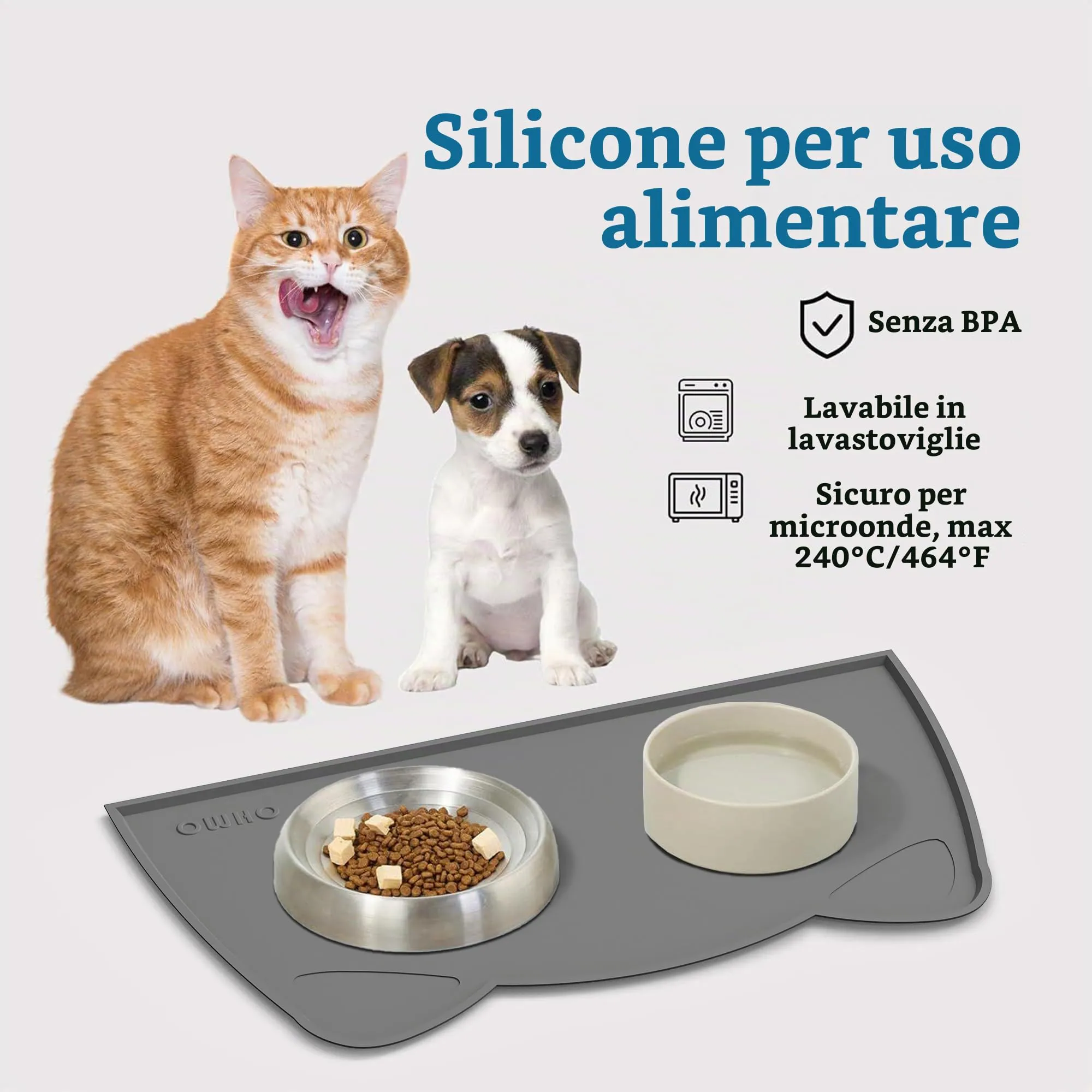 OHMO Tappetino Ciotola per Cani e Gatti in Silicone, Impermeabile Antiscivolo a Prova di Fuoriuscita per Cibo e Acqua, Facile da Pulire, 52x30cm, Grigio Scuro - immagine 3