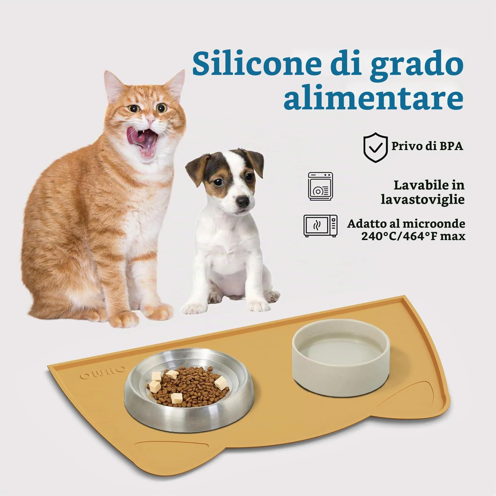 OHMO Tappetino Ciotola per Cani e Gatti in Silicone, Impermeabile Antiscivolo a Prova di Fuoriuscita per Cibo e Acqua, Facile da Pulire, 52x30cm, Miele - immagine 3