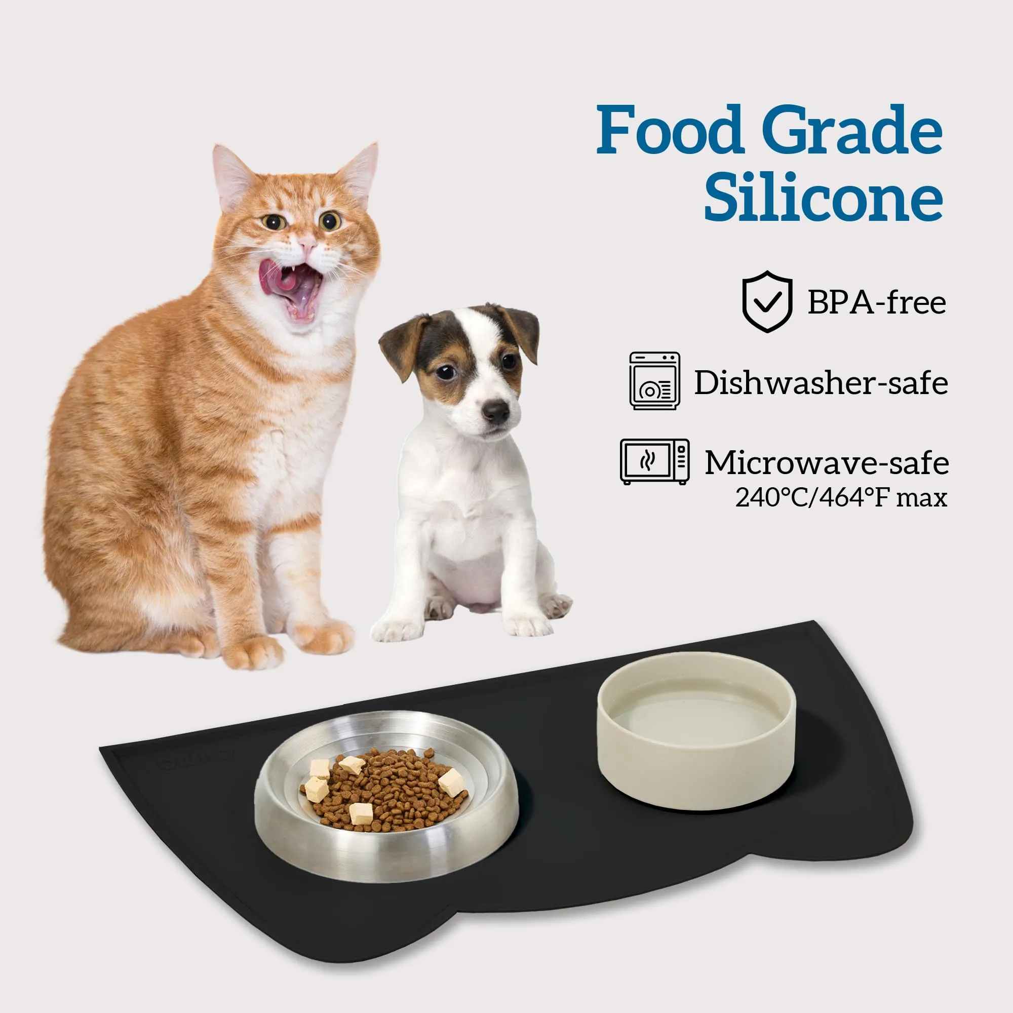 OHMO Tappetino Ciotola per Cani e Gatti in Silicone, Impermeabile Antiscivolo a Prova di Fuoriuscita per Cibo e Acqua, Facile da Pulire, 52x30cm, Nero - immagine 4
