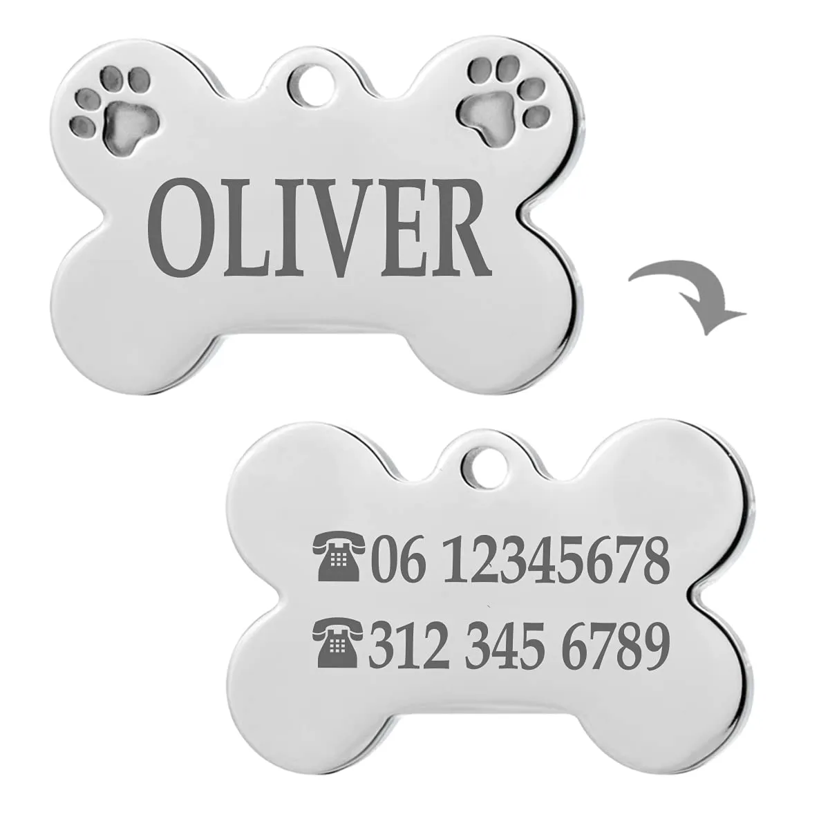 Ibera gifts - Medaglietta Cane Personalizzata, Targhetta Cane con Incisione, per Cani e Gatti di Taglia Molto Piccola e Cuccioli, Medaglietta Gatto Personalizzata (Piccola 2 zampe, Argento) - immagine 2