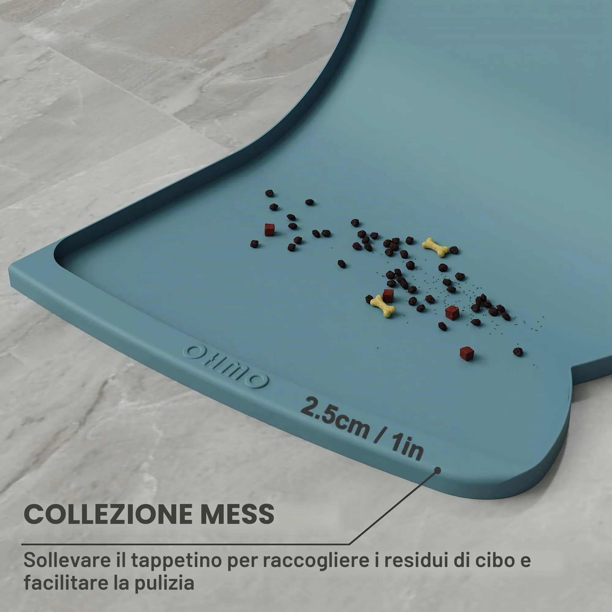 OHMO Tappetino per cibo per cani (azzurro, 61 x 38,1 cm) con tasca per raccolta dei residui, tappetino in silicone per animali domestici per pavimenti con bordi alti, anti fuoriuscite, impermeabile - immagine 3