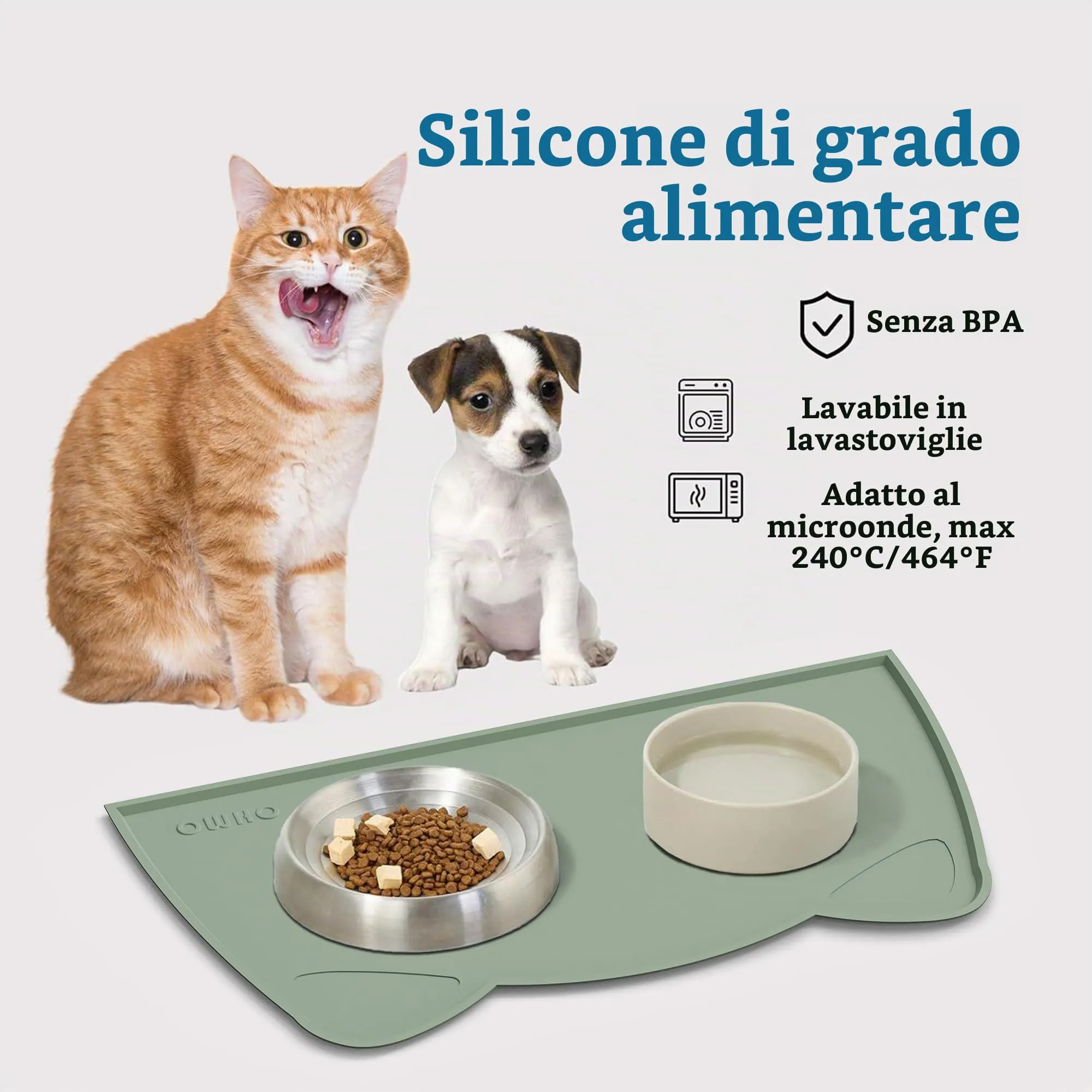 OHMO Tappetino Ciotola per Cani e Gatti in Silicone, Impermeabile Antiscivolo a Prova di Fuoriuscita per Cibo e Acqua, Facile da Pulire, 52x30cm, Saga Verde - immagine 3