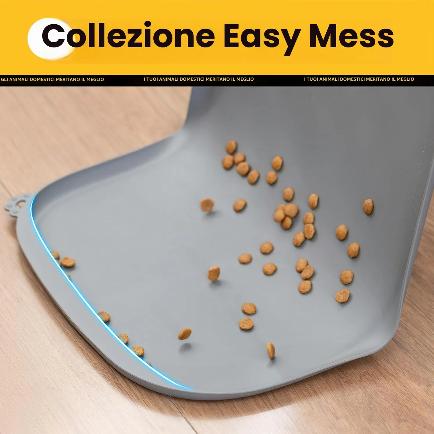 Conlun Tappetino per Cibo di Cane con Tascone Laterale & Foro per Gancetto, Bordi Morbidi Rialzati, Facile da Pulire Impermeabile Antiscivolo in Silicone per Ciotola d'Acqua (46x30cm,Grigio) - immagine 2