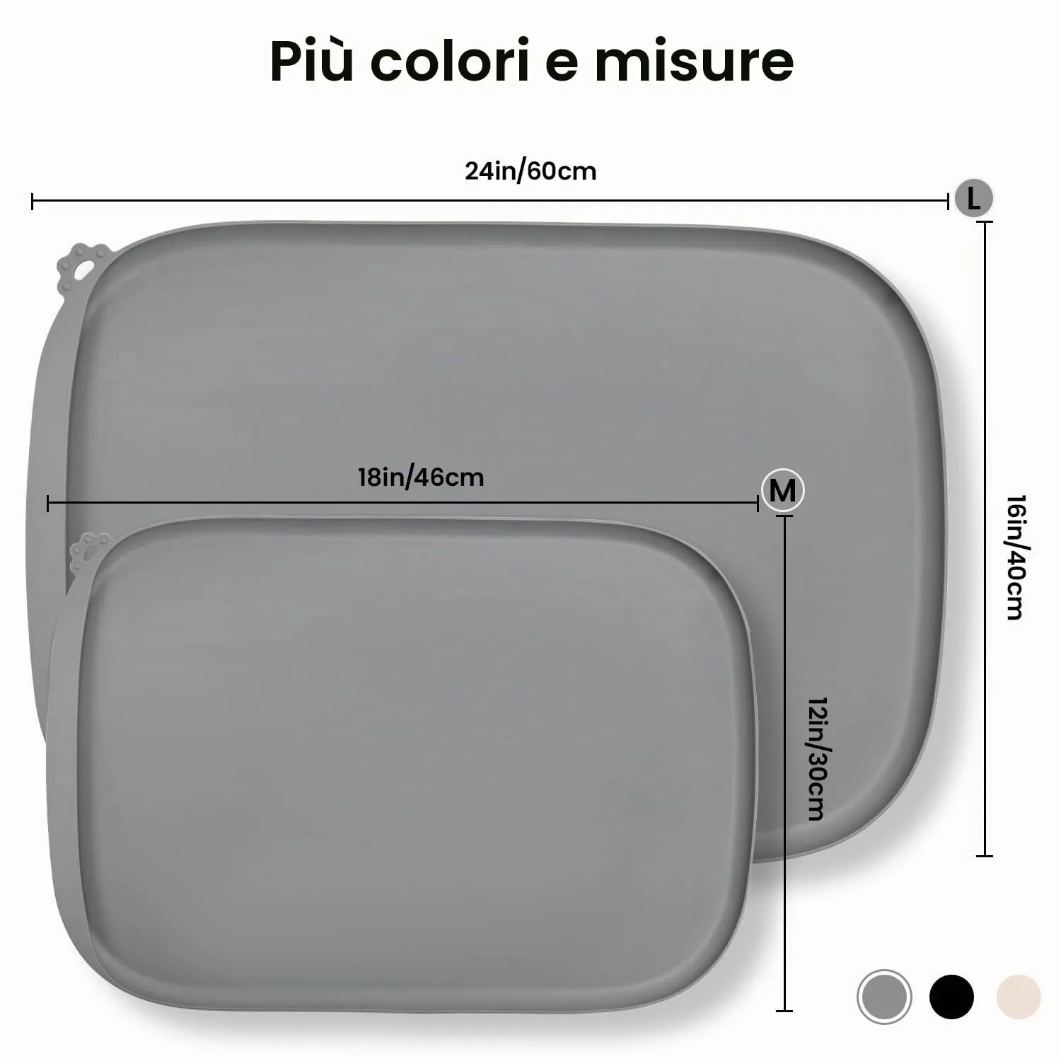 Conlun Tappetino per Cibo di Cane con Tascone Laterale & Foro per Gancetto, Bordi Morbidi Rialzati, Facile da Pulire Impermeabile Antiscivolo in Silicone per Ciotola d'Acqua (46x30cm,Grigio) - immagine 3