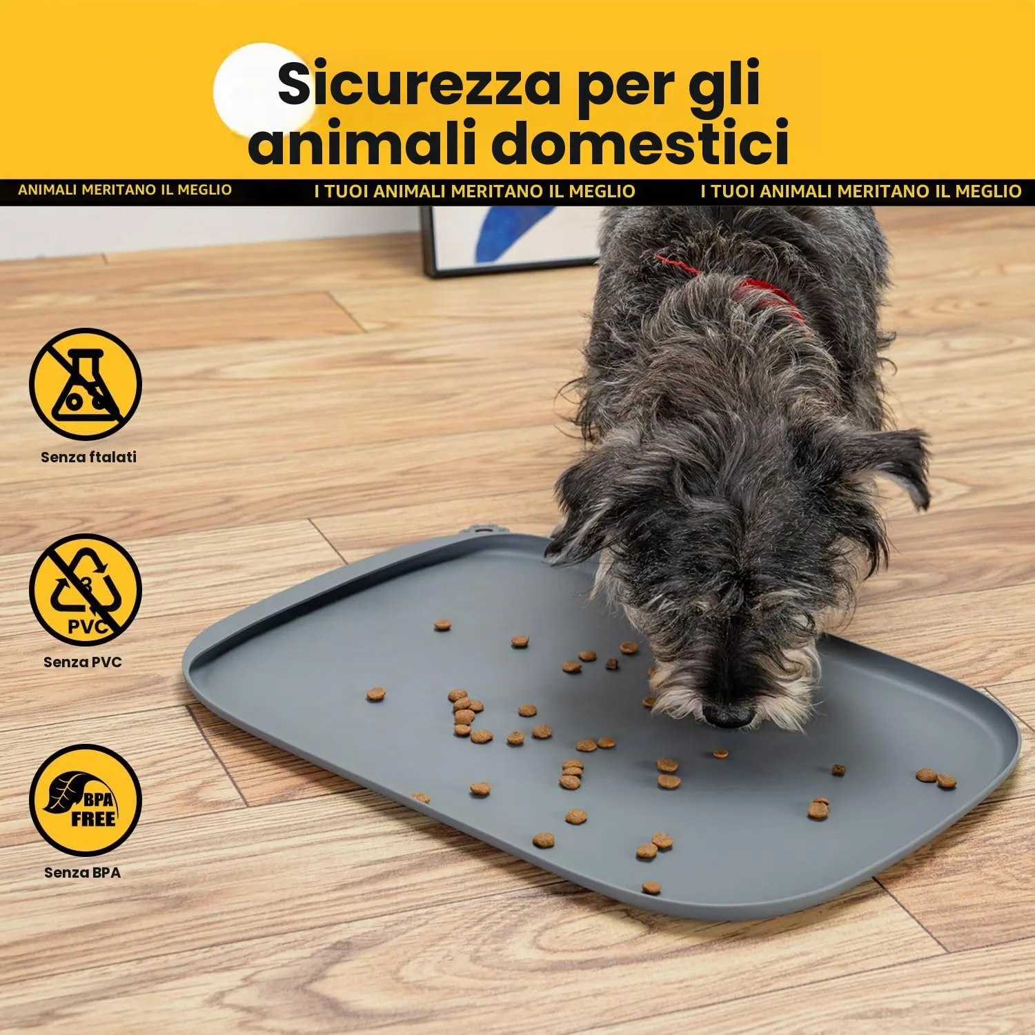 Conlun Tappetino per Cibo di Cane con Tascone Laterale & Foro per Gancetto, Bordi Morbidi Rialzati, Facile da Pulire Impermeabile Antiscivolo in Silicone per Ciotola d'Acqua (46x30cm,Grigio) - immagine 6