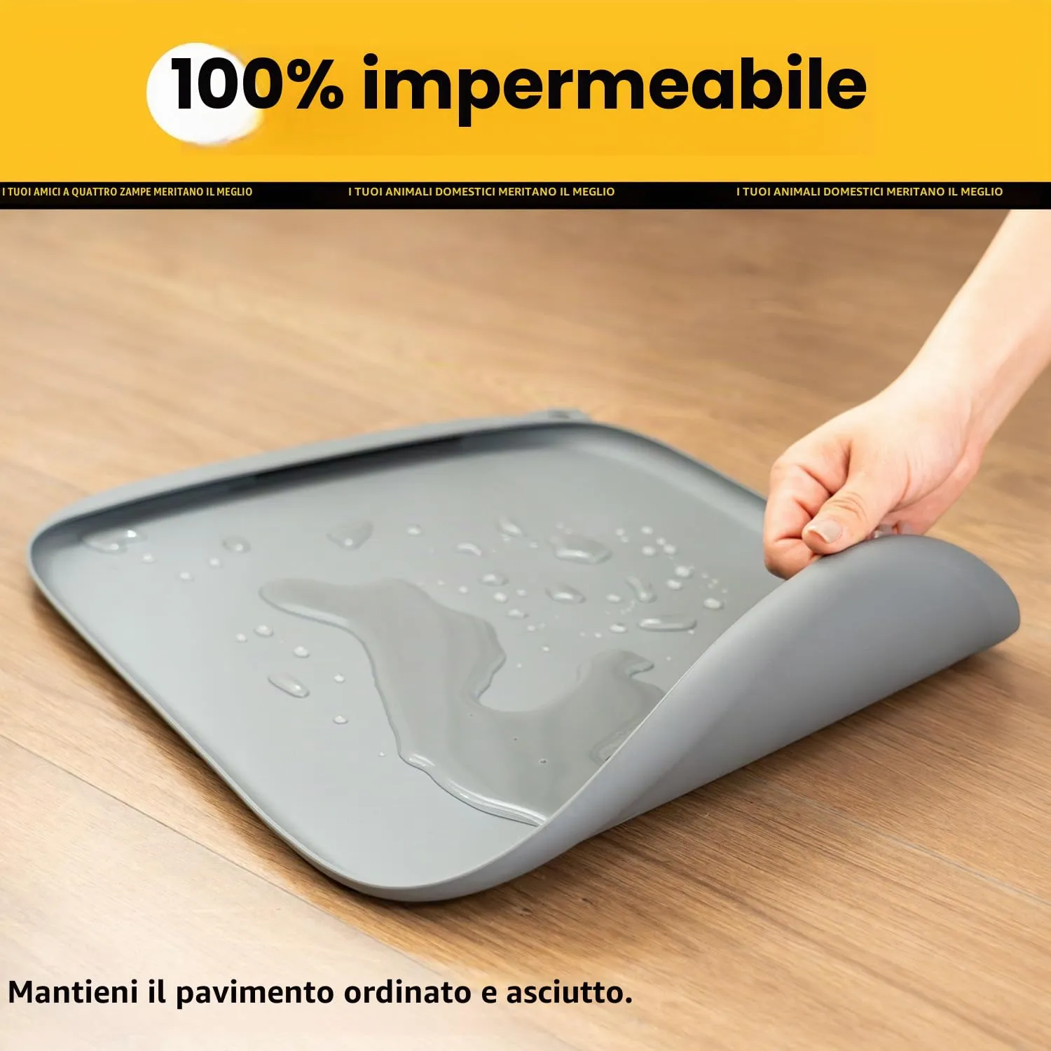 Conlun Tappetino per Cibo di Cane con Tascone Laterale & Foro per Gancetto, Bordi Morbidi Rialzati, Facile da Pulire Impermeabile Antiscivolo in Silicone per Ciotola d'Acqua (46x30cm,Grigio) - immagine 7