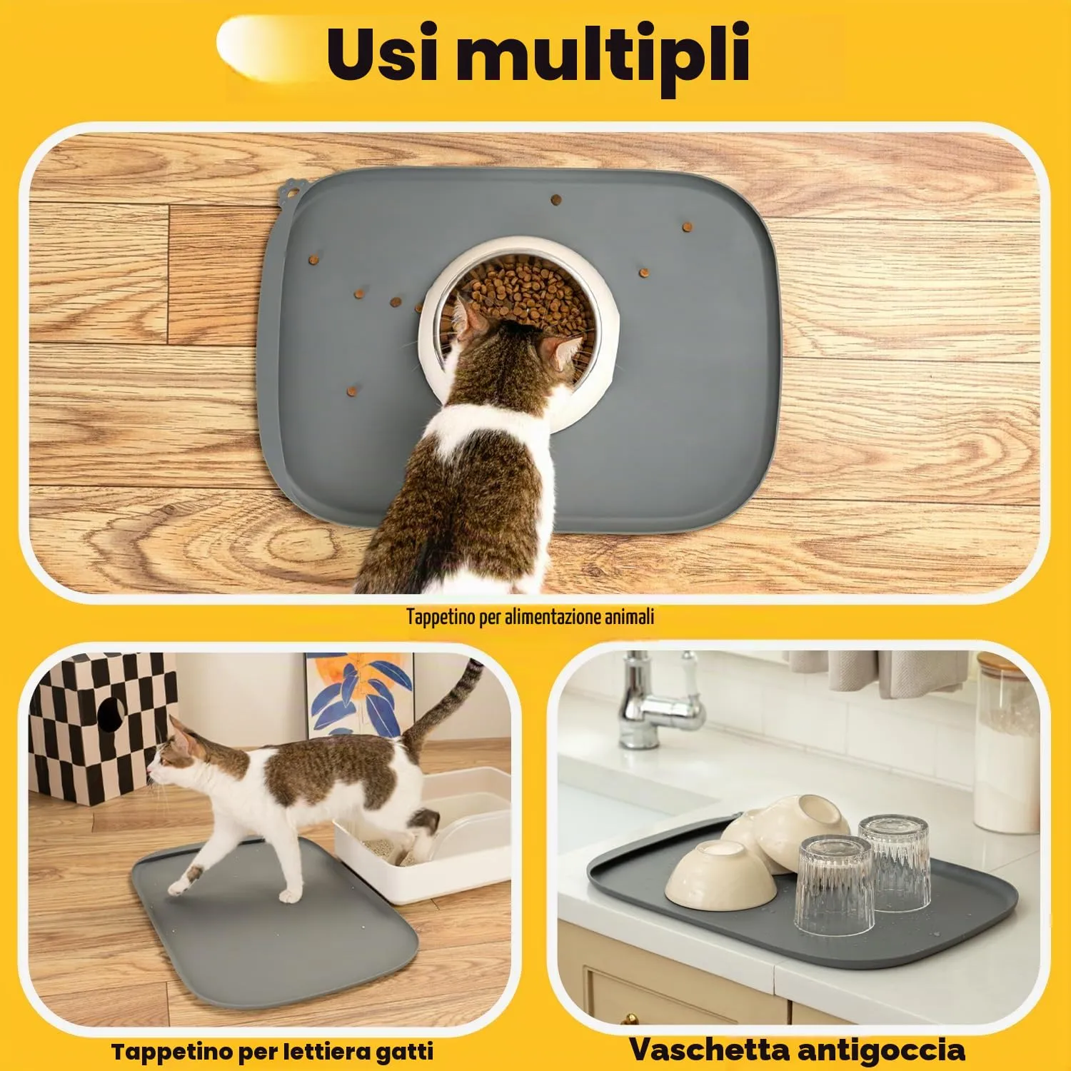 Conlun Tappetino per Cibo di Cane con Tascone Laterale & Foro per Gancetto, Bordi Morbidi Rialzati, Facile da Pulire Impermeabile Antiscivolo in Silicone per Ciotola d'Acqua (46x30cm,Grigio) - immagine 8