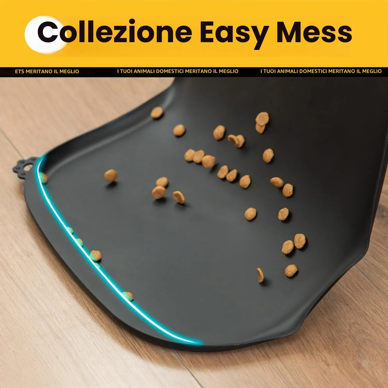 Conlun Tappetino per Cibo di Cane con Tascone Laterale & Foro per Gancetto, Bordi Morbidi Rialzati, Facile da Pulire Impermeabile Antiscivolo in Silicone per Ciotola d'Acqua (46x30cm,Nero) - immagine 2