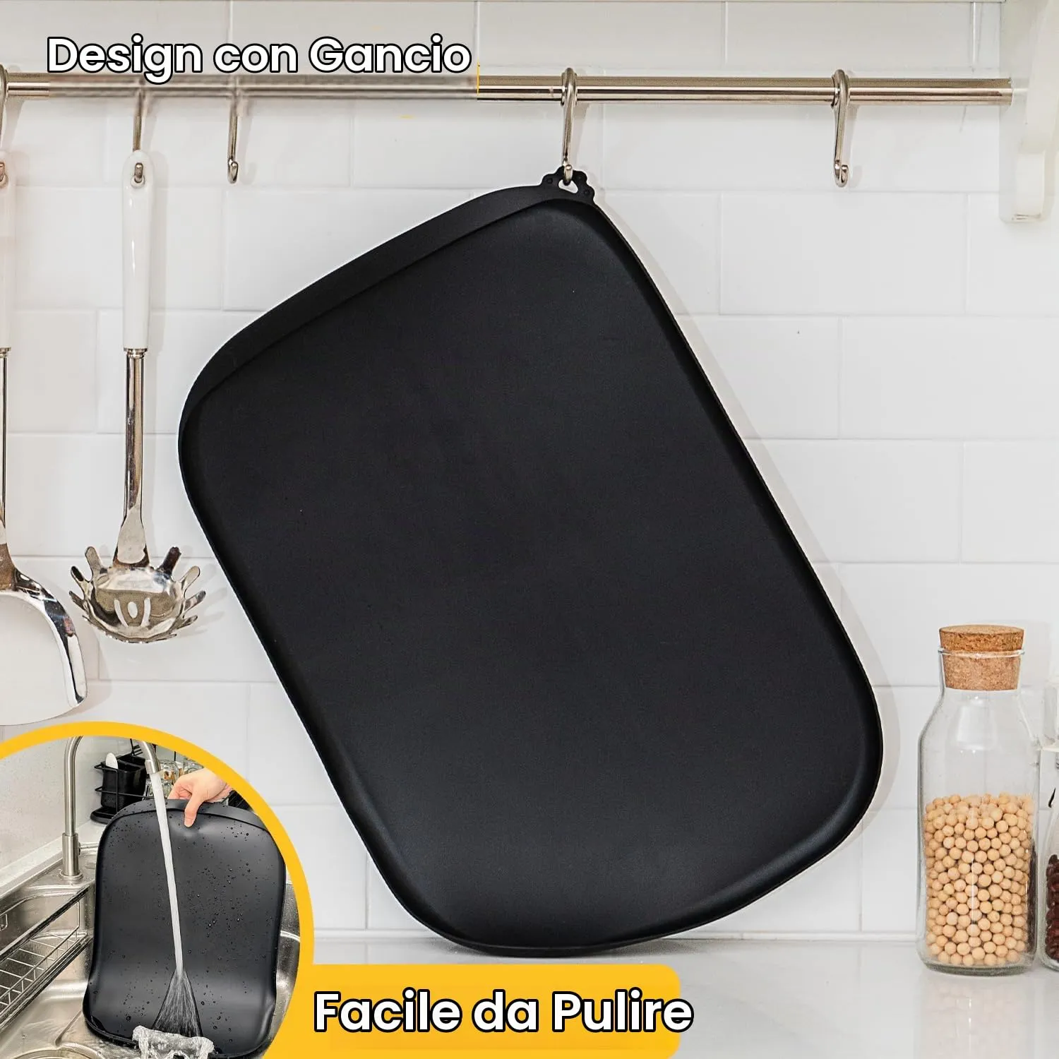 Conlun Tappetino per Cibo di Cane con Tascone Laterale & Foro per Gancetto, Bordi Morbidi Rialzati, Facile da Pulire Impermeabile Antiscivolo in Silicone per Ciotola d'Acqua (46x30cm,Nero) - immagine 4